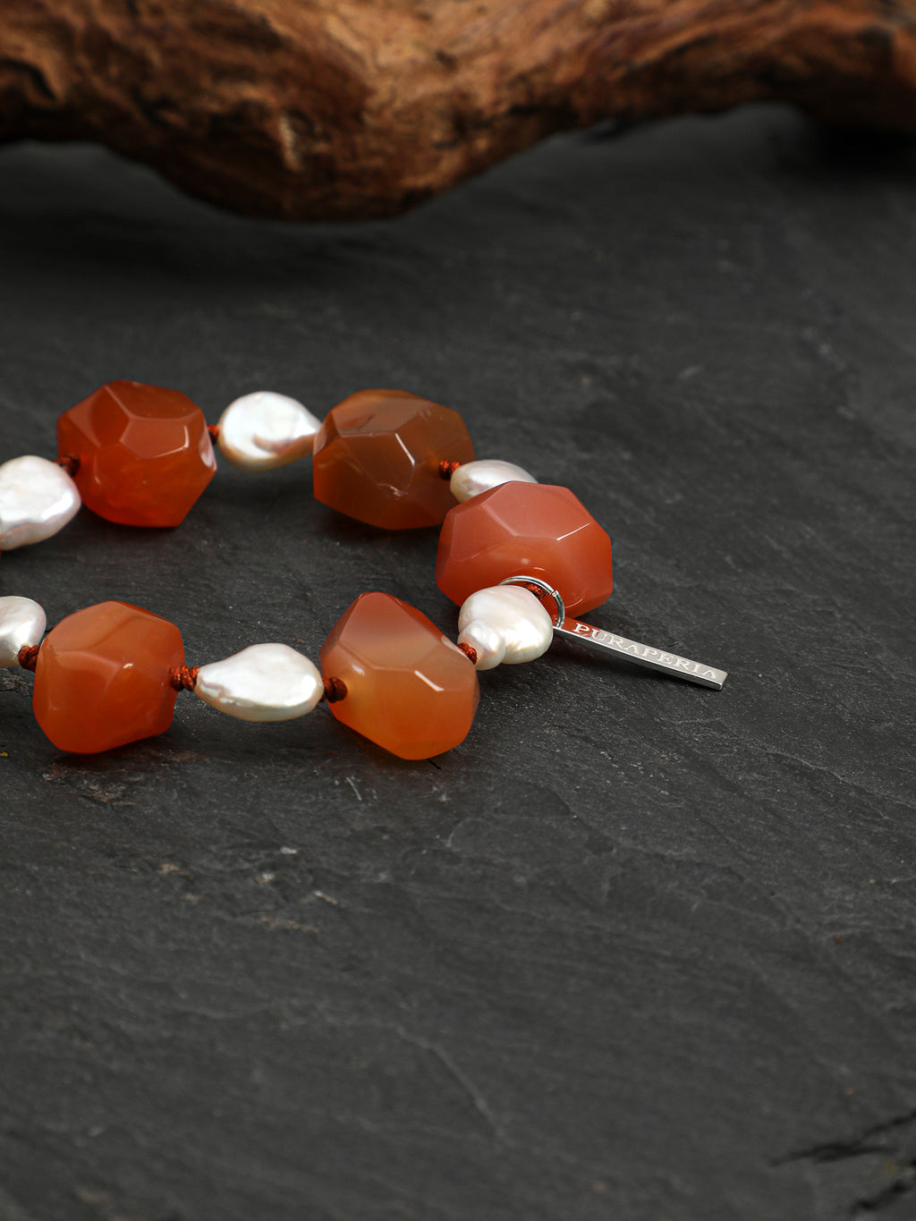 Red Persian Agate Baroque Bracelet — freeform red Persian agate, teardrop baroque pearl, Thai silver necklace hook | SENLORE