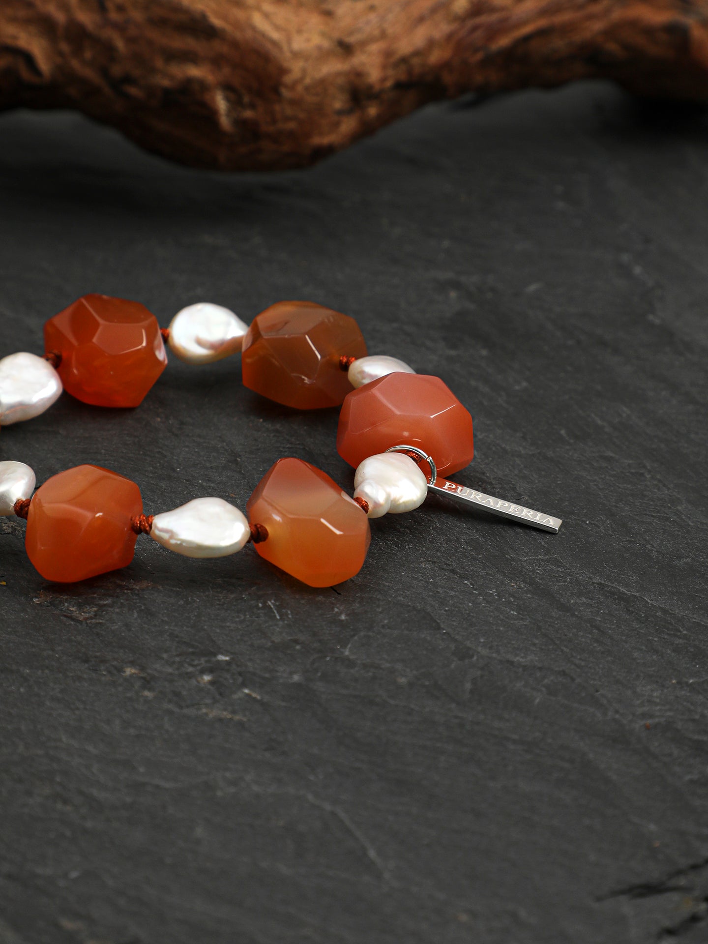 Red Persian Agate Baroque Bracelet — freeform red Persian agate, teardrop baroque pearl, Thai silver necklace hook | SENLORE