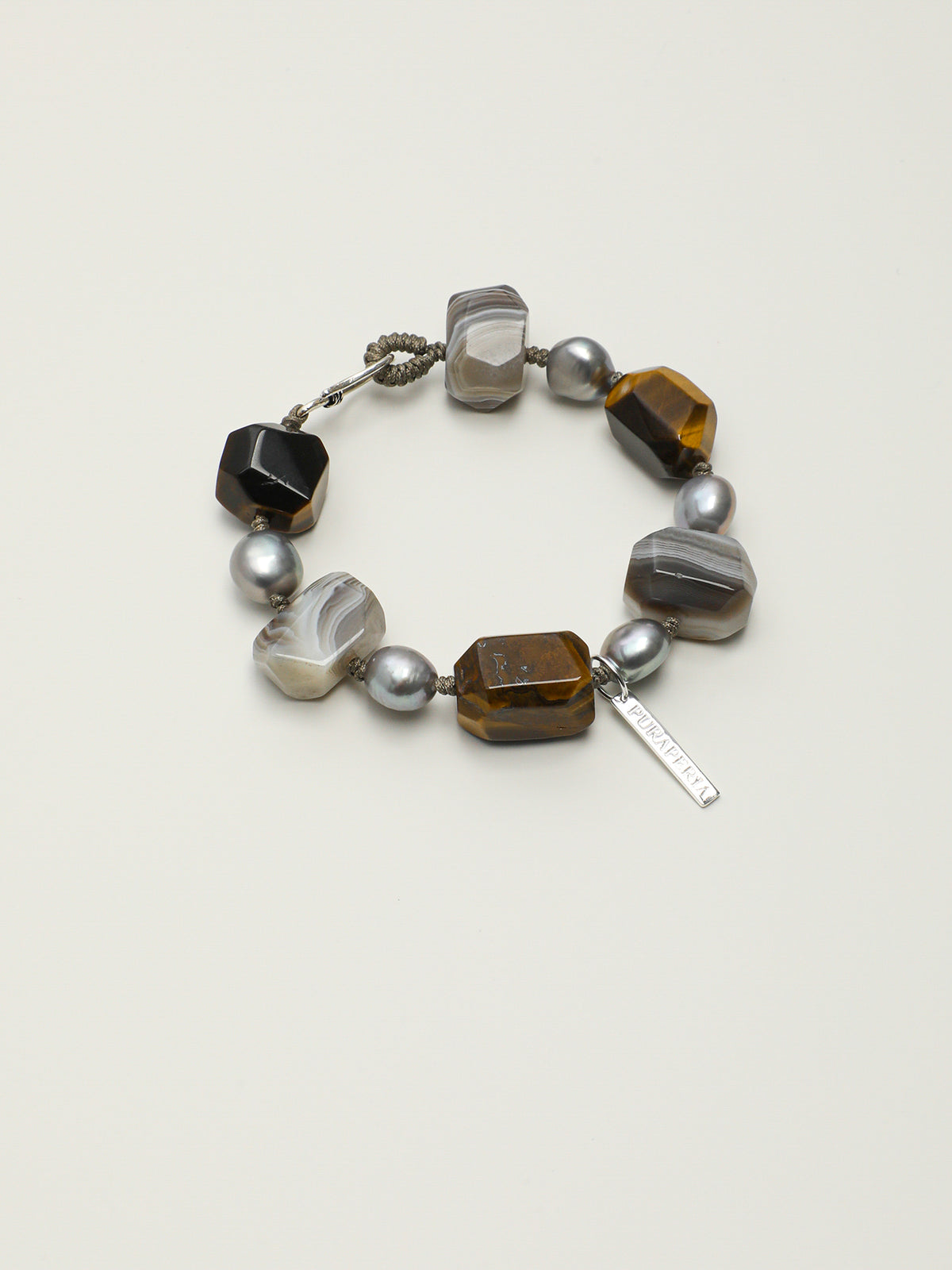 Persian Agate Tiger's Eye Bracelet — faceted tiger's eye, freeform Persian agate, grey baroque pearl | SENLORE