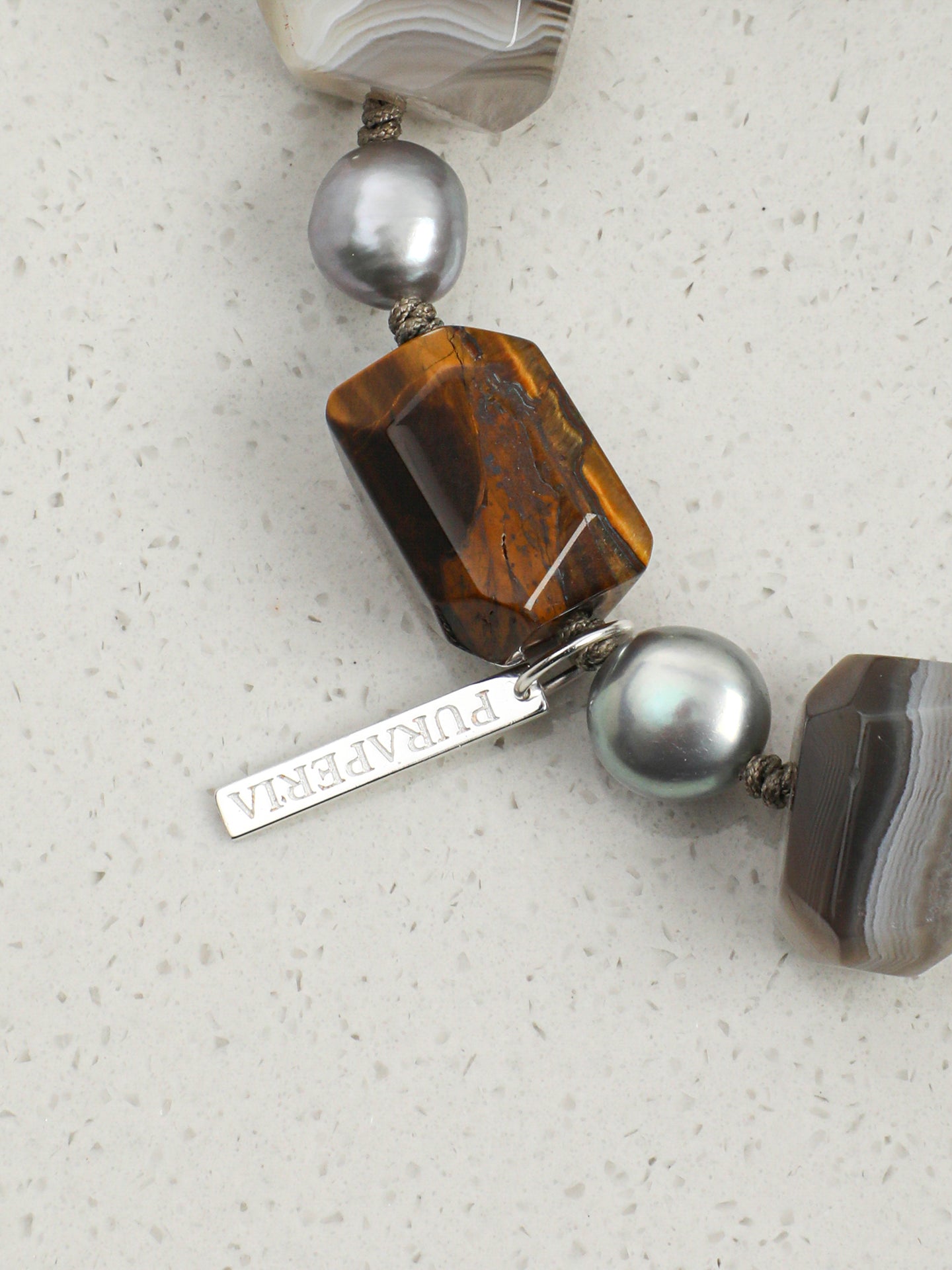 Persian Agate Tiger's Eye Bracelet — faceted tiger's eye, freeform Persian agate, grey baroque pearl | SENLORE