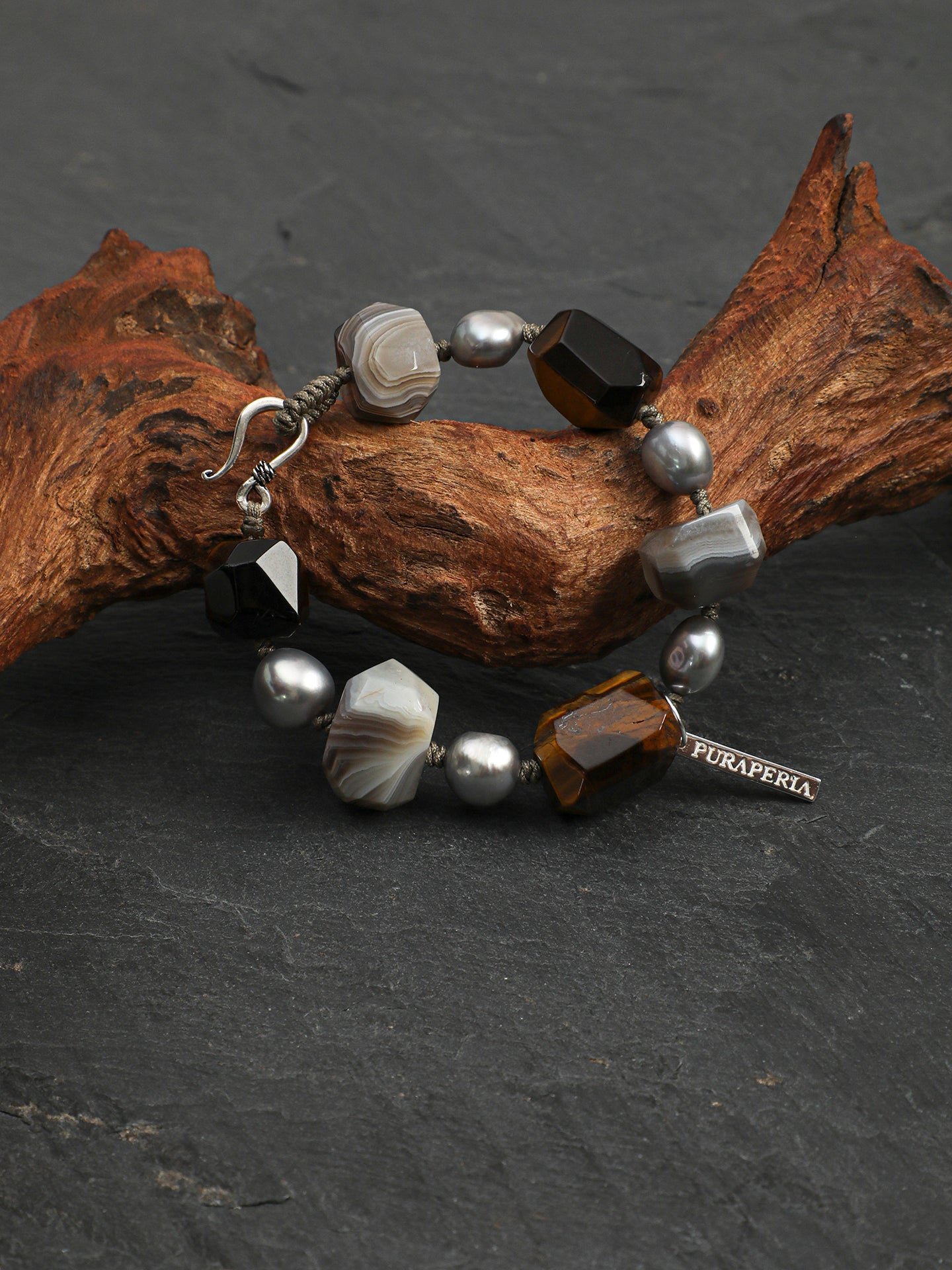Persian Agate Tiger's Eye Bracelet — faceted tiger's eye, freeform Persian agate, grey baroque pearl | SENLORE