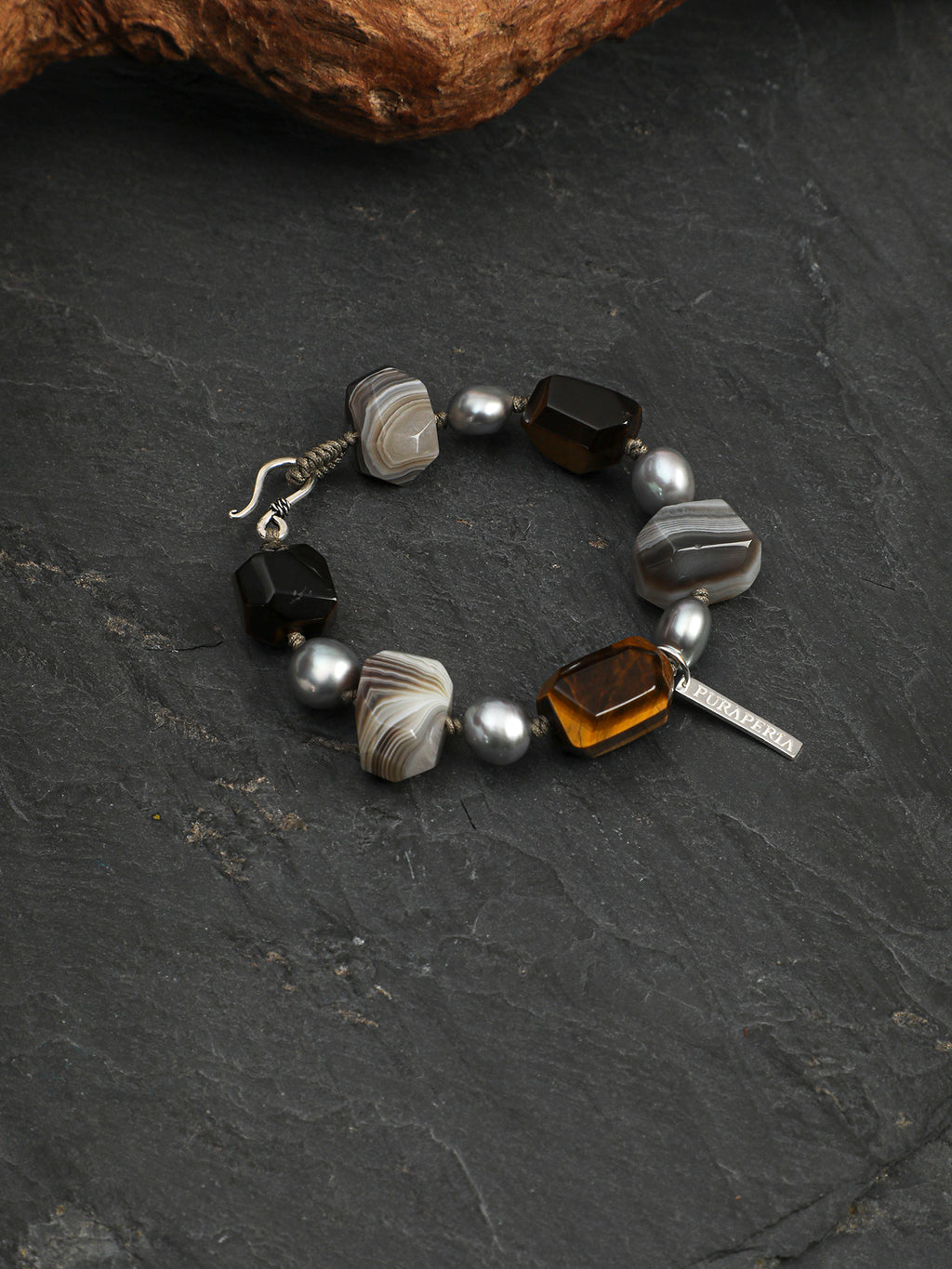 Persian Agate Tiger's Eye Bracelet — faceted tiger's eye, freeform Persian agate, grey baroque pearl | SENLORE