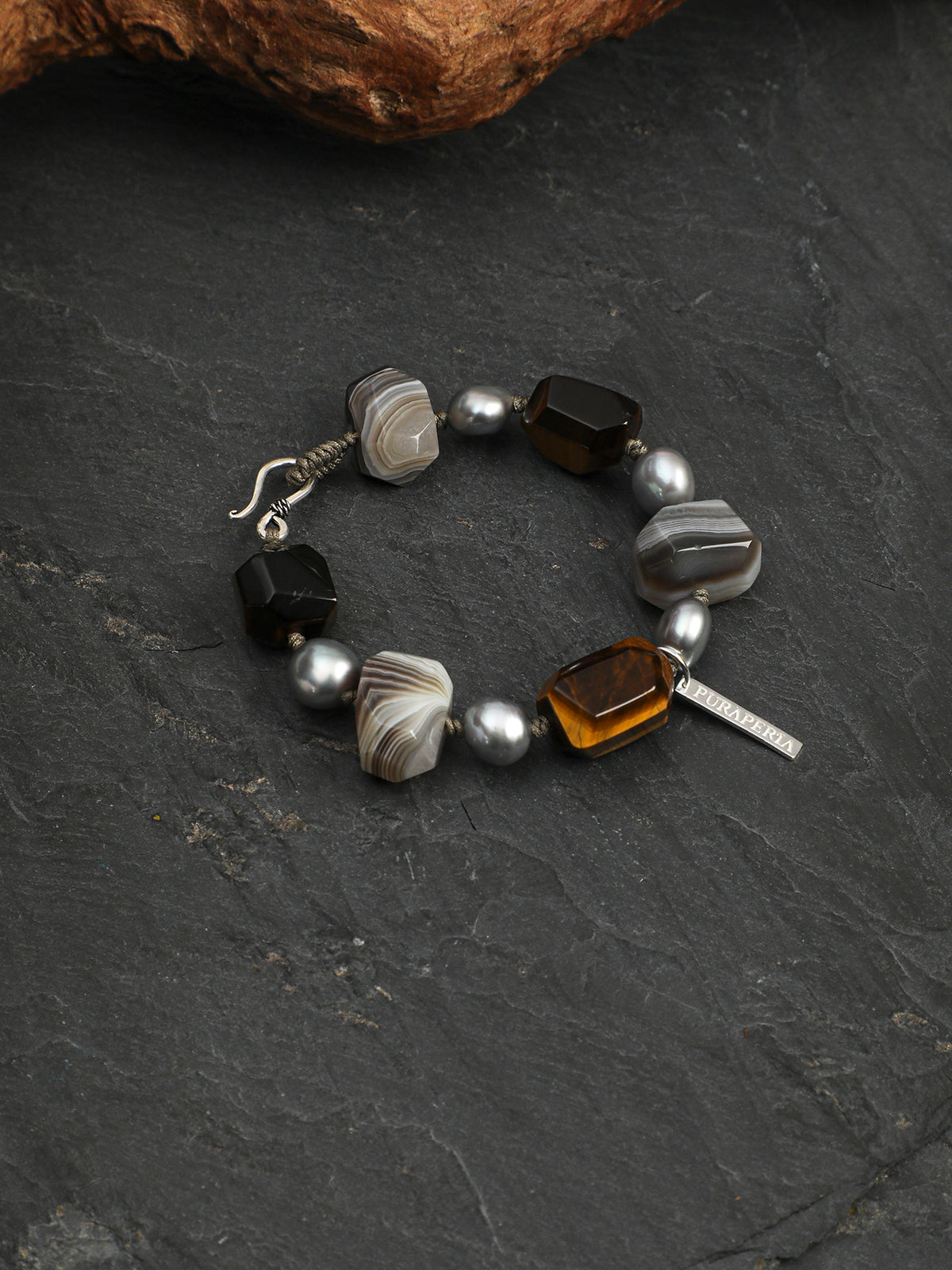 Persian Agate Tiger's Eye Bracelet — faceted tiger's eye, freeform Persian agate, grey baroque pearl | SENLORE