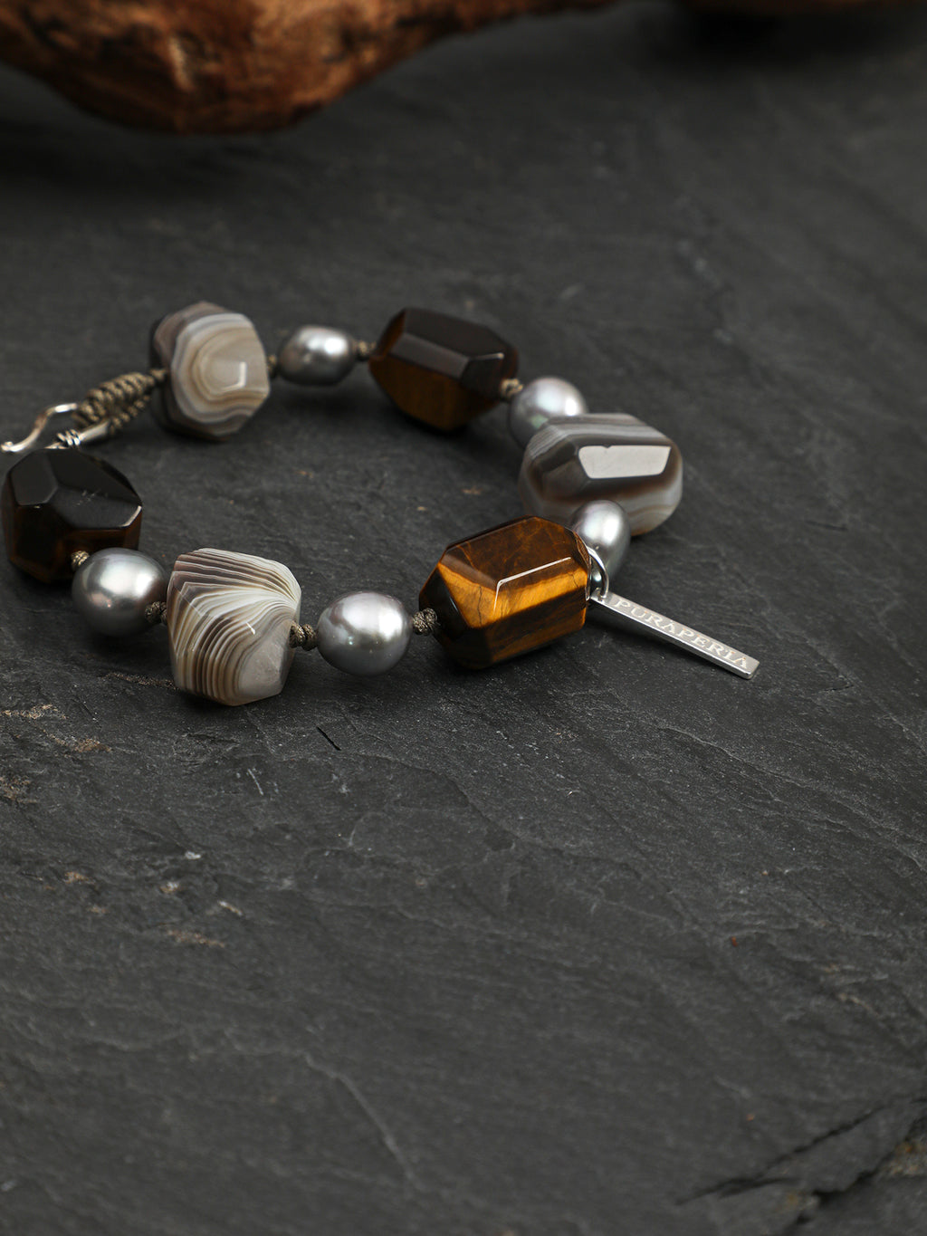 Persian Agate Tiger's Eye Bracelet — faceted tiger's eye, freeform Persian agate, grey baroque pearl | SENLORE