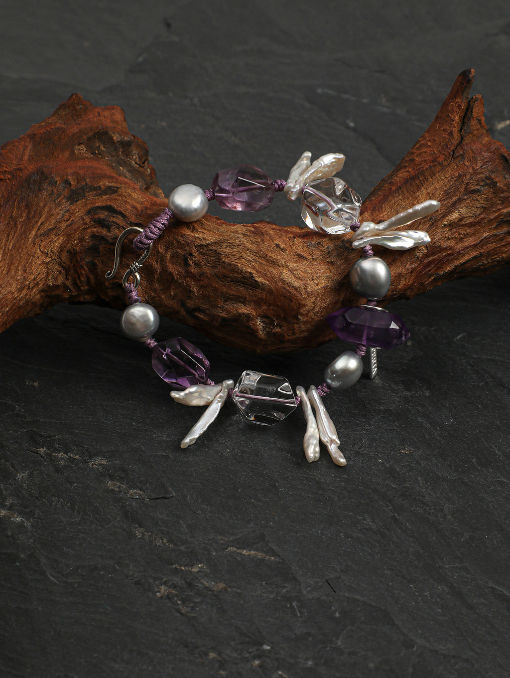 Amethyst Long Tusk Baroque Bracelet — freeform double-point clear quartz, freeform amethyst, double-point amethyst | SENLORE
