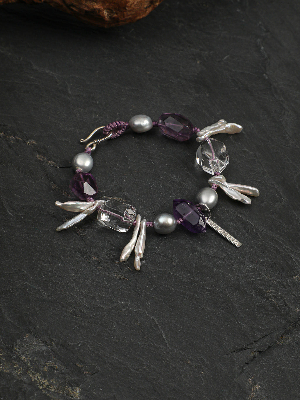 Amethyst Long Tusk Baroque Bracelet — freeform double-point clear quartz, freeform amethyst, double-point amethyst | SENLORE