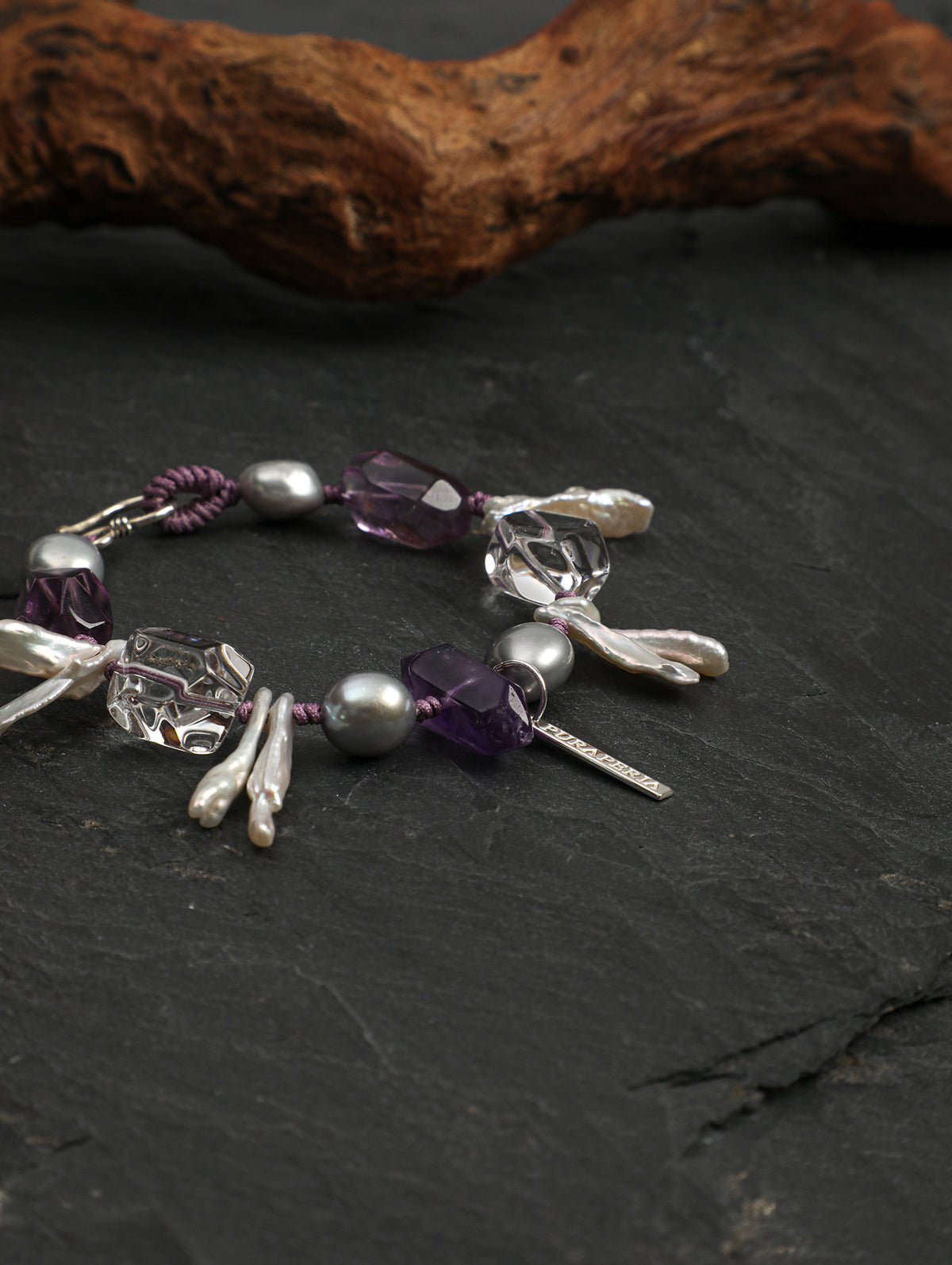 Amethyst Long Tusk Baroque Bracelet — freeform double-point clear quartz, freeform amethyst, double-point amethyst | SENLORE