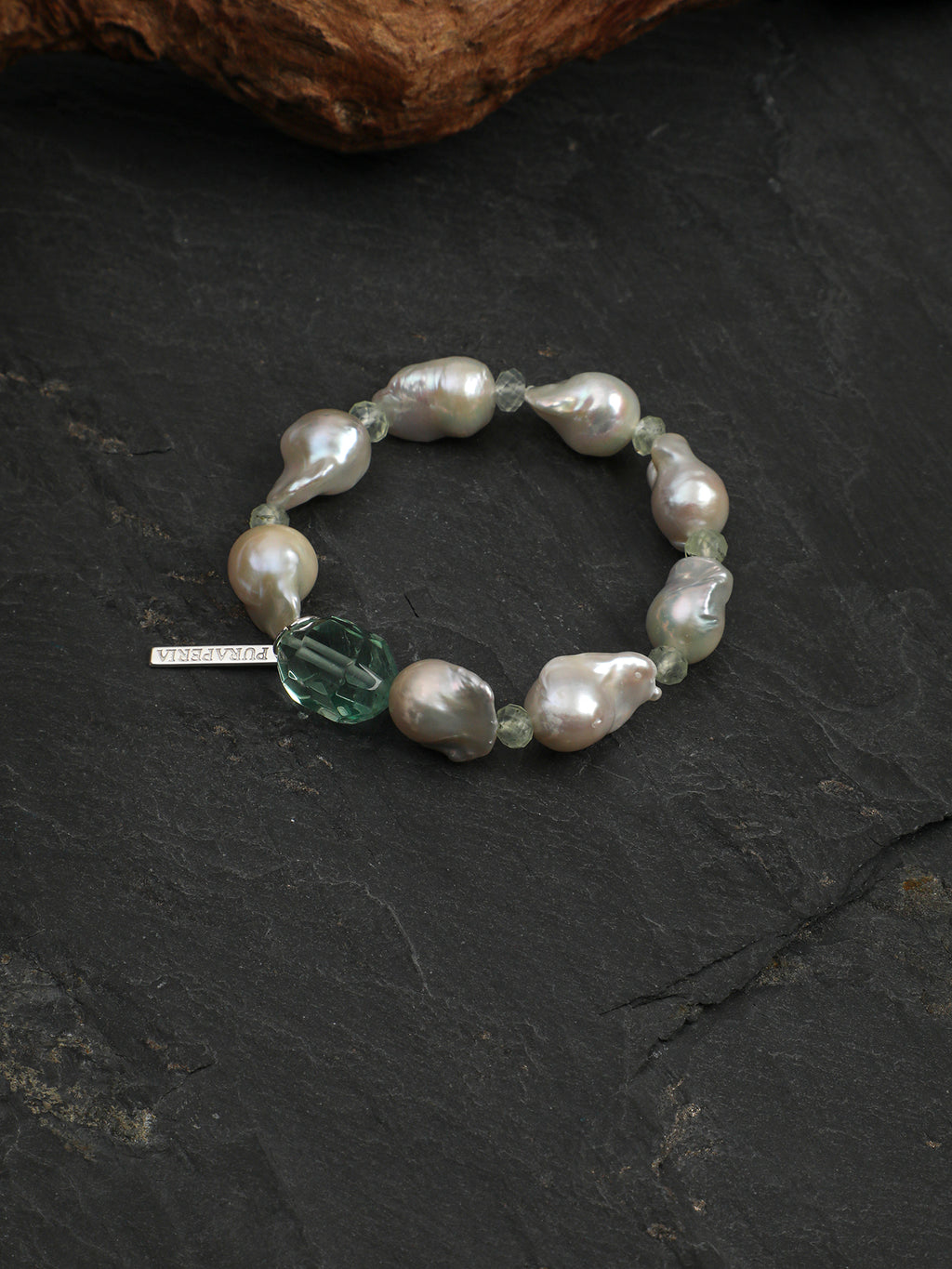 Green Crystal Baroque Pearl Bracelet — freeform green crystal, prehnite, medium large baroque pearl | SENLORE