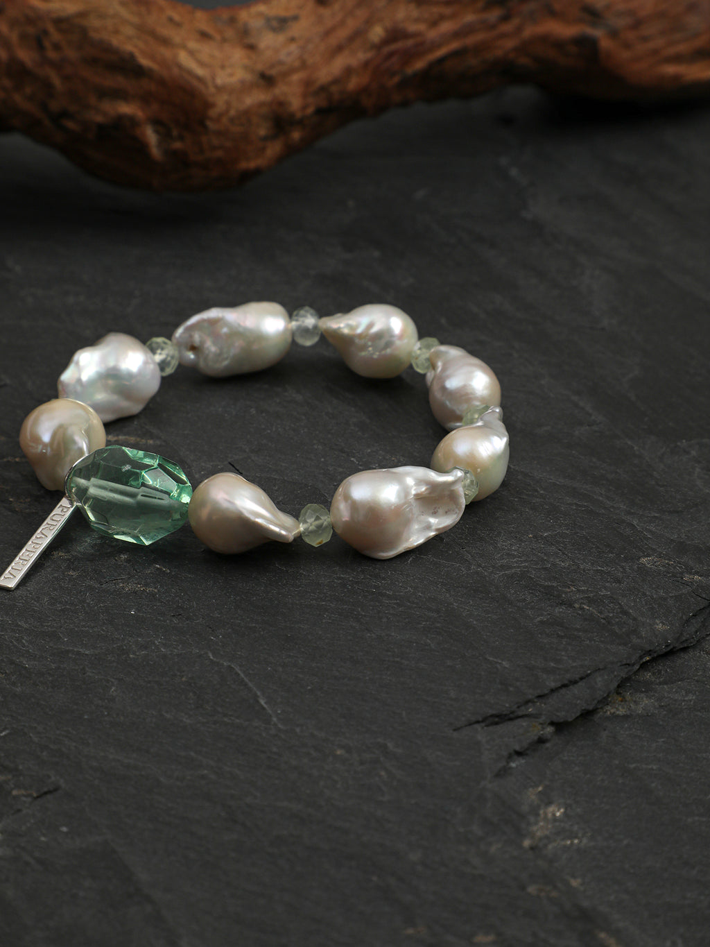 Green Crystal Baroque Pearl Bracelet — freeform green crystal, prehnite, medium large baroque pearl | SENLORE