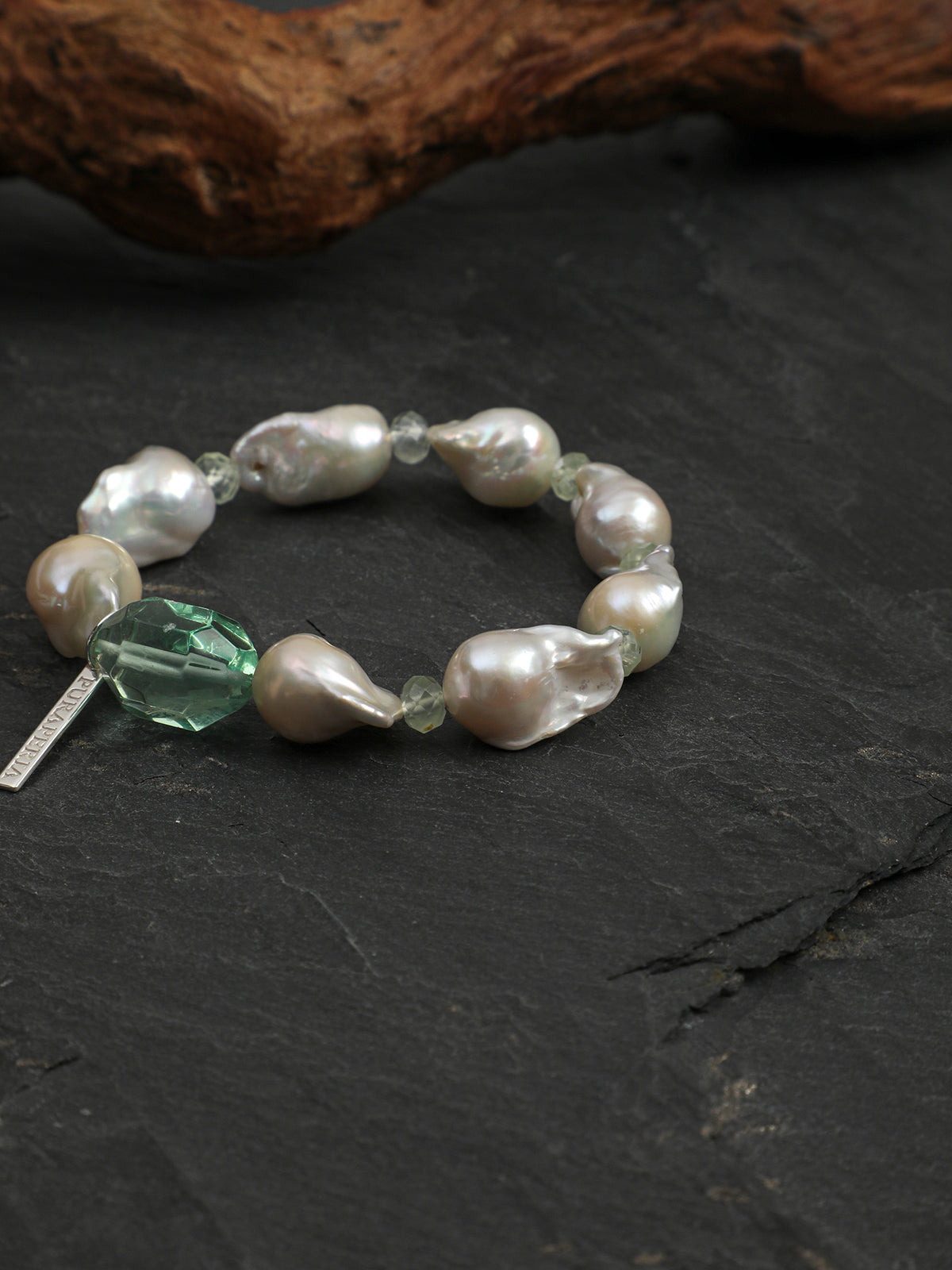 Green Crystal Baroque Pearl Bracelet — freeform green crystal, prehnite, medium large baroque pearl | SENLORE