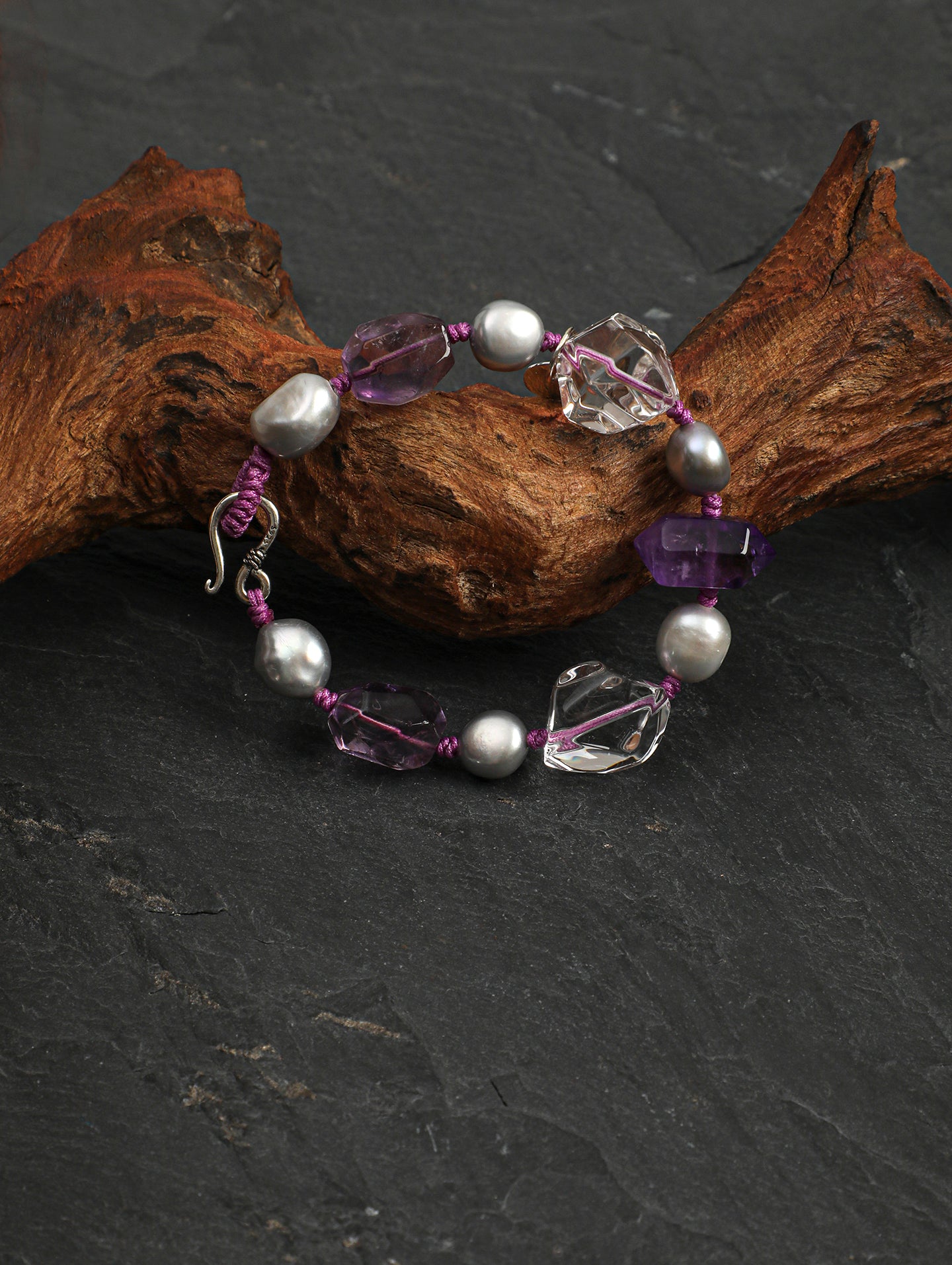 Amethyst Double-Point Freeform Bracelet — freeform double-point clear quartz, freeform amethyst, double-point amethyst | SENLORE