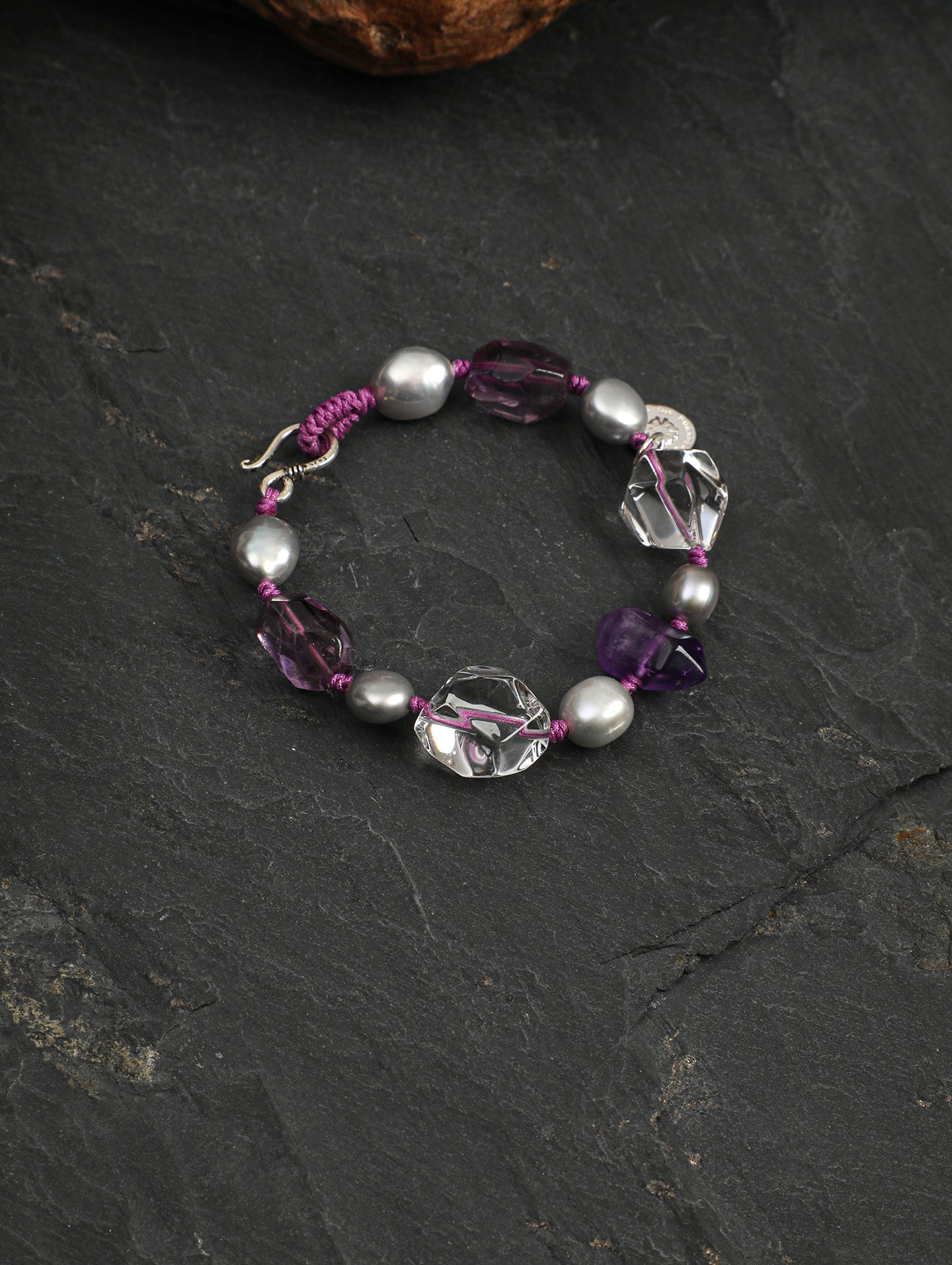 Amethyst Double-Point Freeform Bracelet — freeform double-point clear quartz, freeform amethyst, double-point amethyst | SENLORE