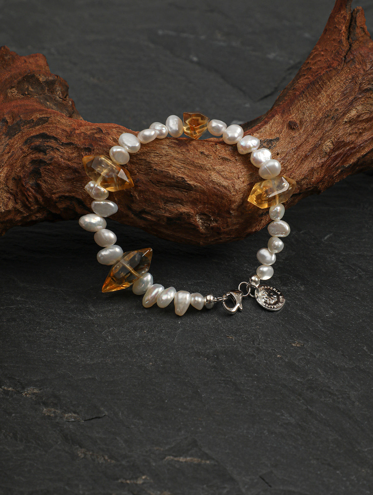 Golden Tower Crystal Pearl Bracelet — double-point golden tower quartz, three-seven-hole double-sided baroque pearl, large-hole sterling silver round bead | SENLORE