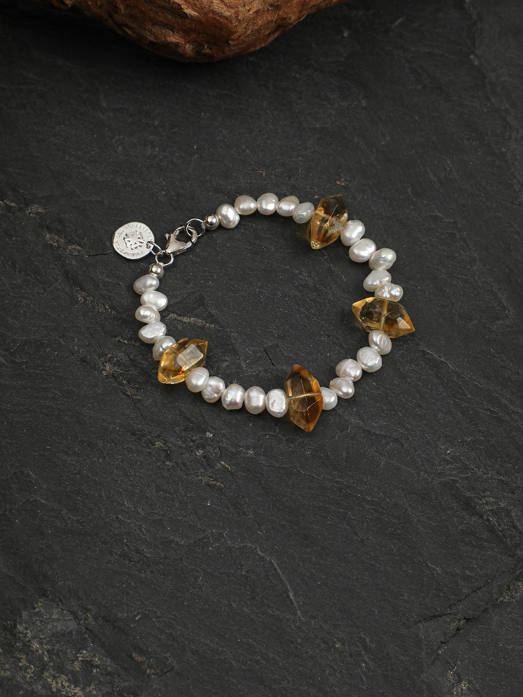 Golden Tower Crystal Pearl Bracelet — double-point golden tower quartz, three-seven-hole double-sided baroque pearl, large-hole sterling silver round bead | SENLORE