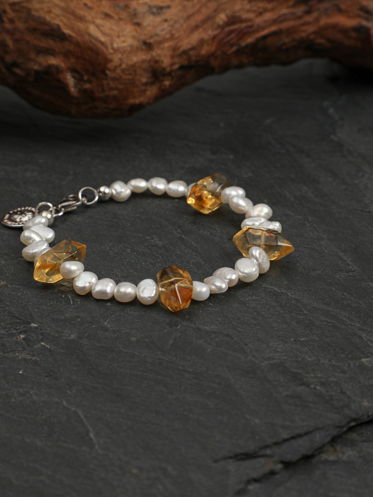 Golden Tower Crystal Pearl Bracelet — double-point golden tower quartz, three-seven-hole double-sided baroque pearl, large-hole sterling silver round bead | SENLORE