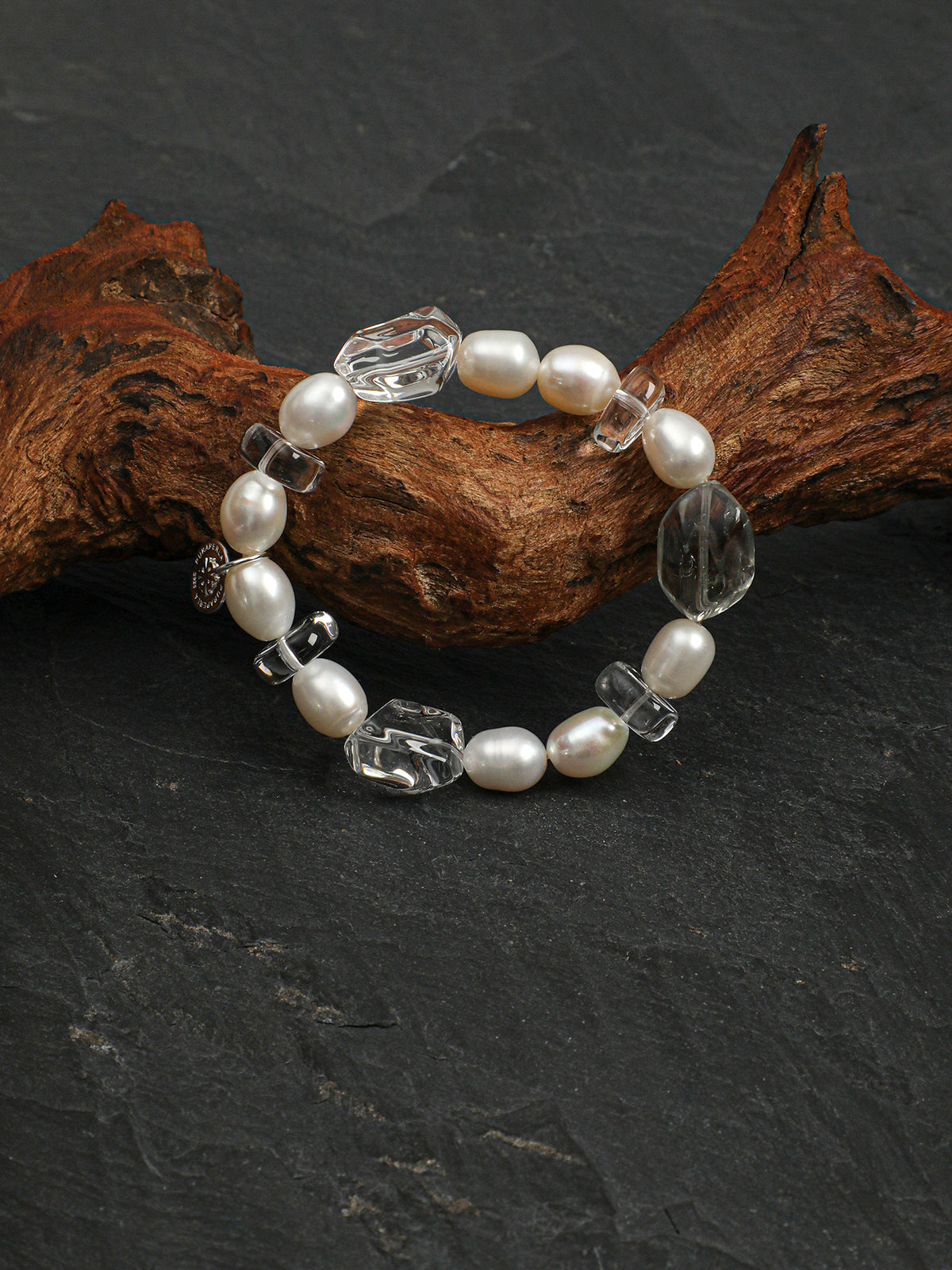 Green Crystal Pearl Bracelet — freeform green crystal, freeform double-point clear quartz, cherry-blossom-cut clear quartz | SENLORE