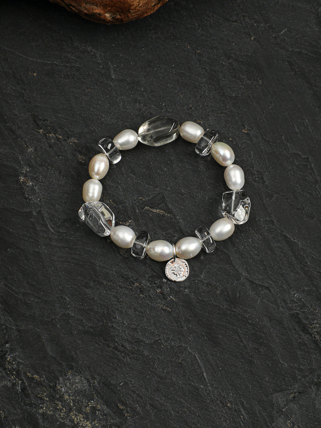 Green Crystal Pearl Bracelet — freeform green crystal, freeform double-point clear quartz, cherry-blossom-cut clear quartz | SENLORE
