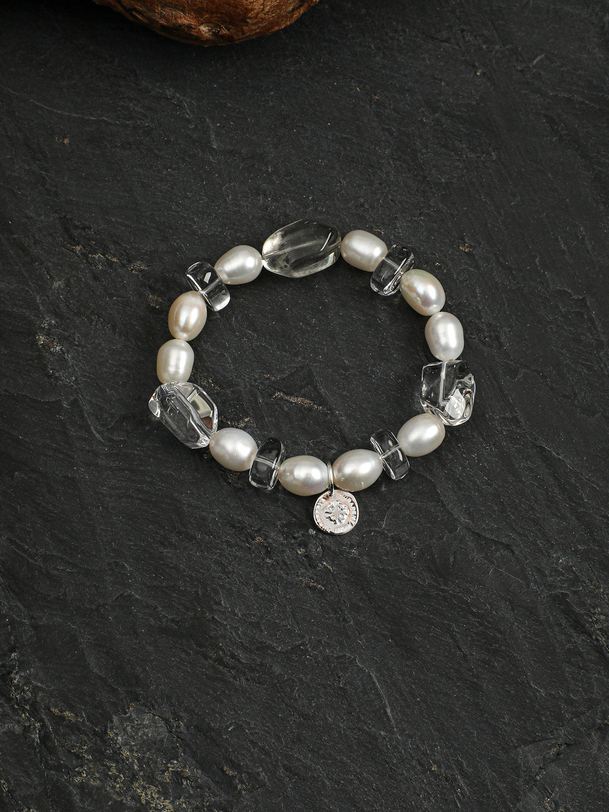 Green Crystal Pearl Bracelet — freeform green crystal, freeform double-point clear quartz, cherry-blossom-cut clear quartz | SENLORE