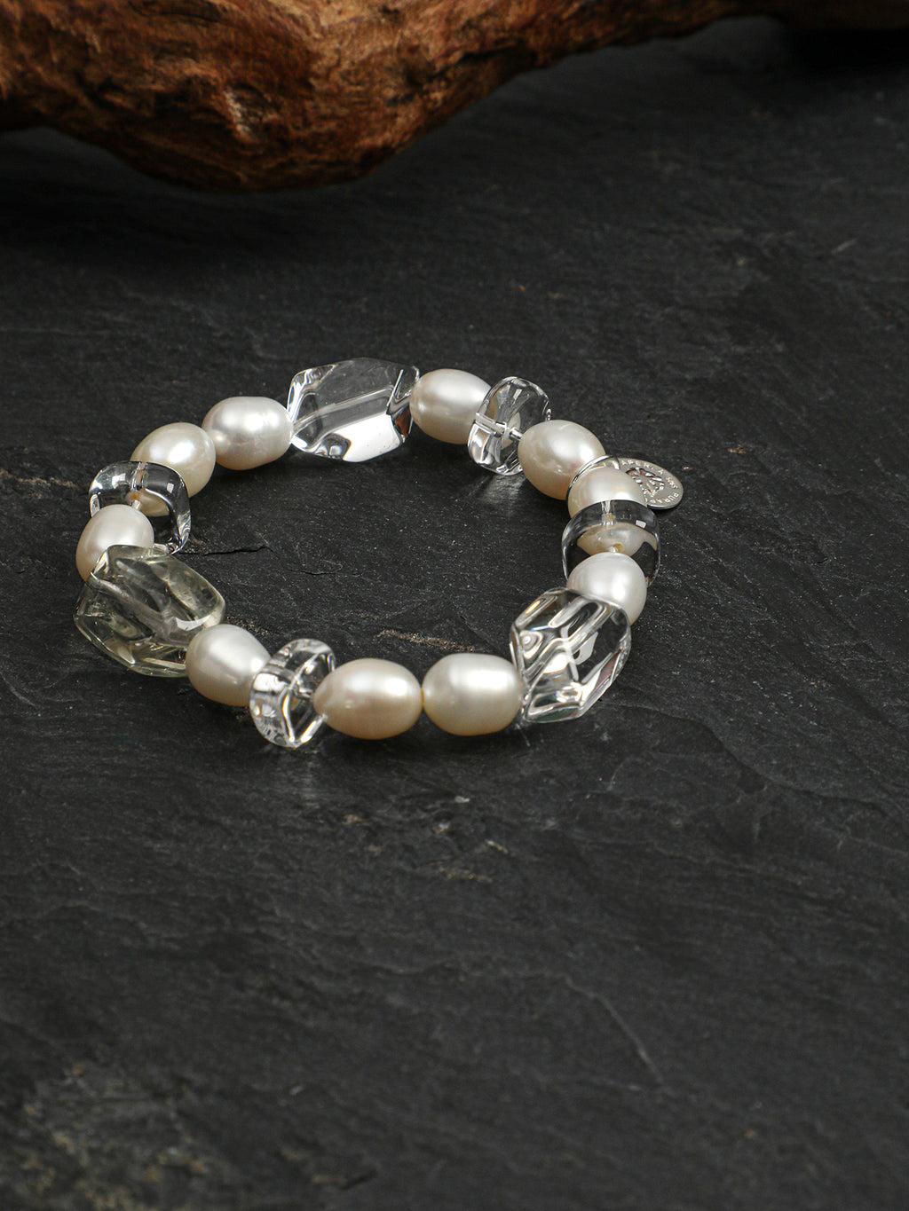 Green Crystal Pearl Bracelet — freeform green crystal, freeform double-point clear quartz, cherry-blossom-cut clear quartz | SENLORE