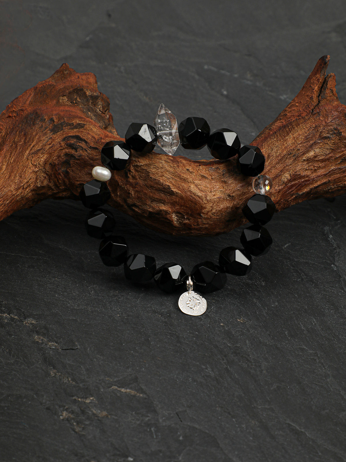 Black Galaxite Agate Bracelet — faceted black agate, double-point black galaxite, black galaxite round bead | SENLORE