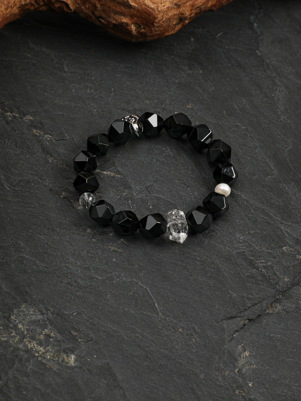 Black Galaxite Agate Bracelet — faceted black agate, double-point black galaxite, black galaxite round bead | SENLORE