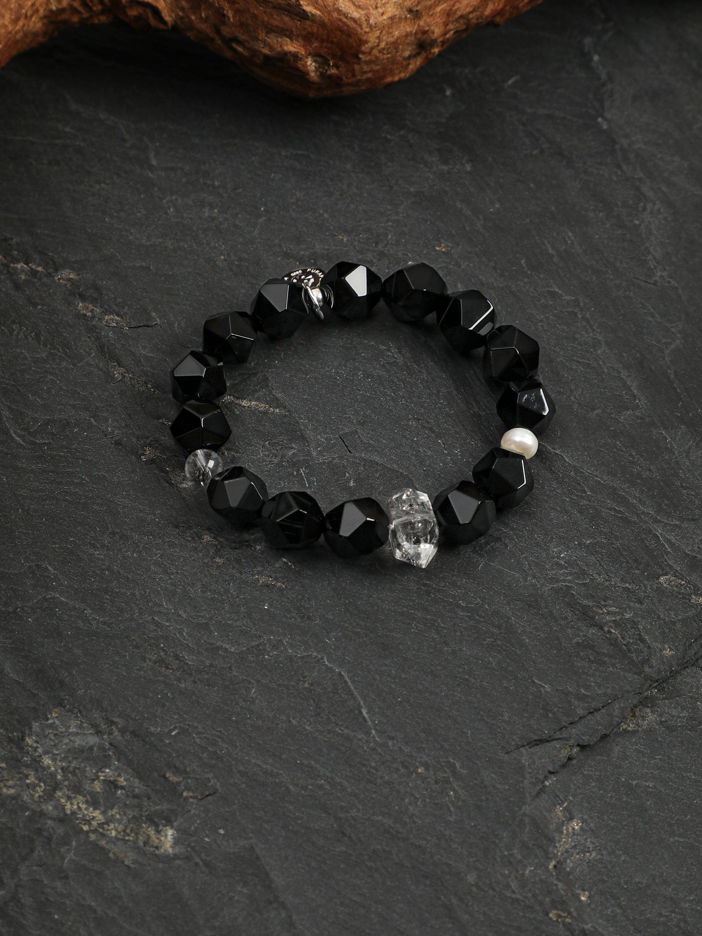 Black Galaxite Agate Bracelet — faceted black agate, double-point black galaxite, black galaxite round bead | SENLORE