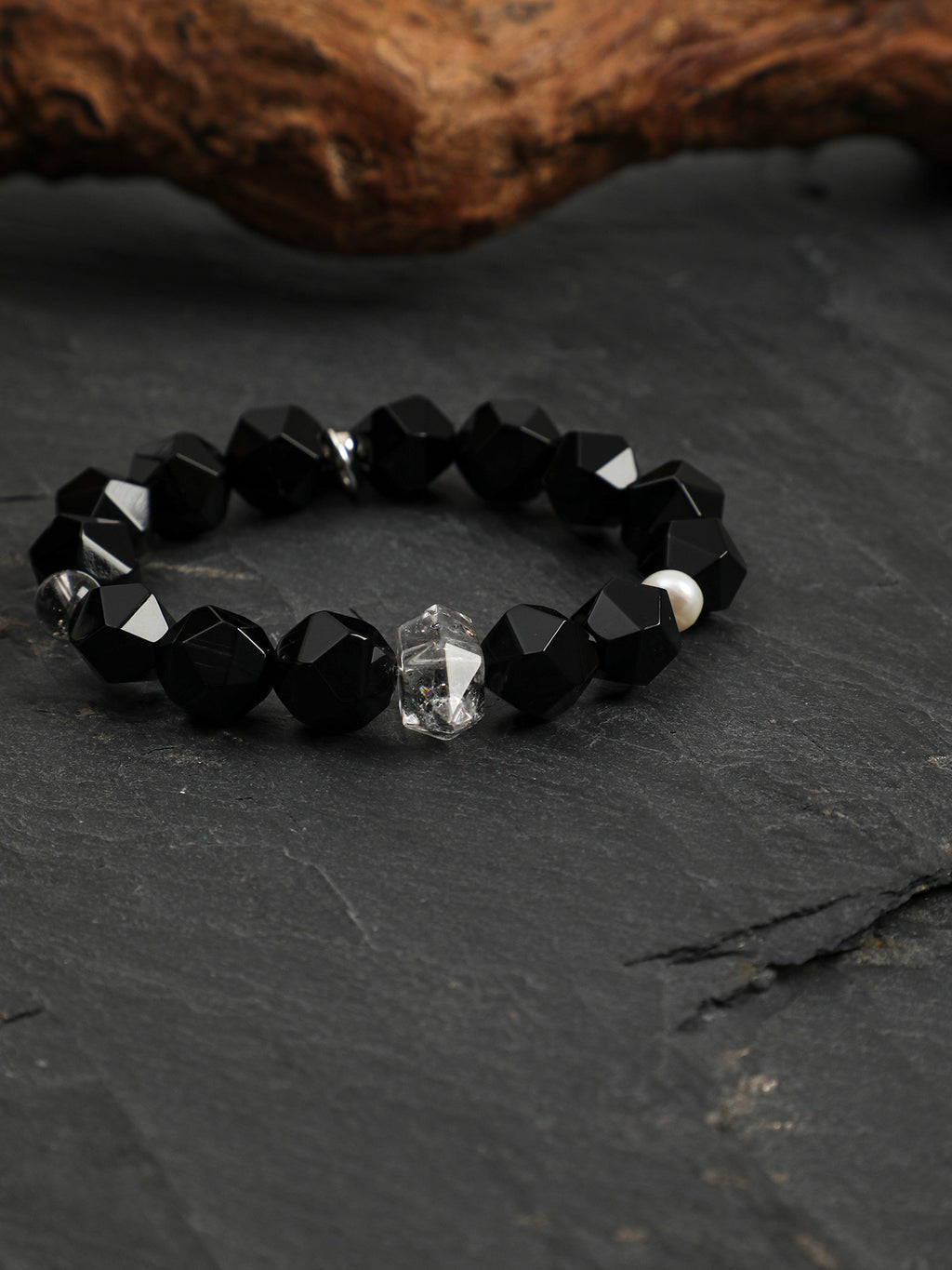 Black Galaxite Agate Bracelet — faceted black agate, double-point black galaxite, black galaxite round bead | SENLORE