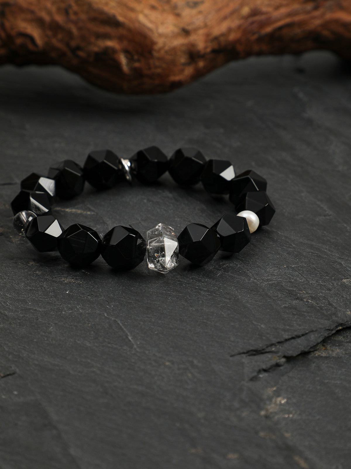 Black Galaxite Agate Bracelet — faceted black agate, double-point black galaxite, black galaxite round bead | SENLORE