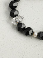 Black Galaxite Agate Bracelet — faceted black agate, double-point black galaxite, black galaxite round bead | SENLORE