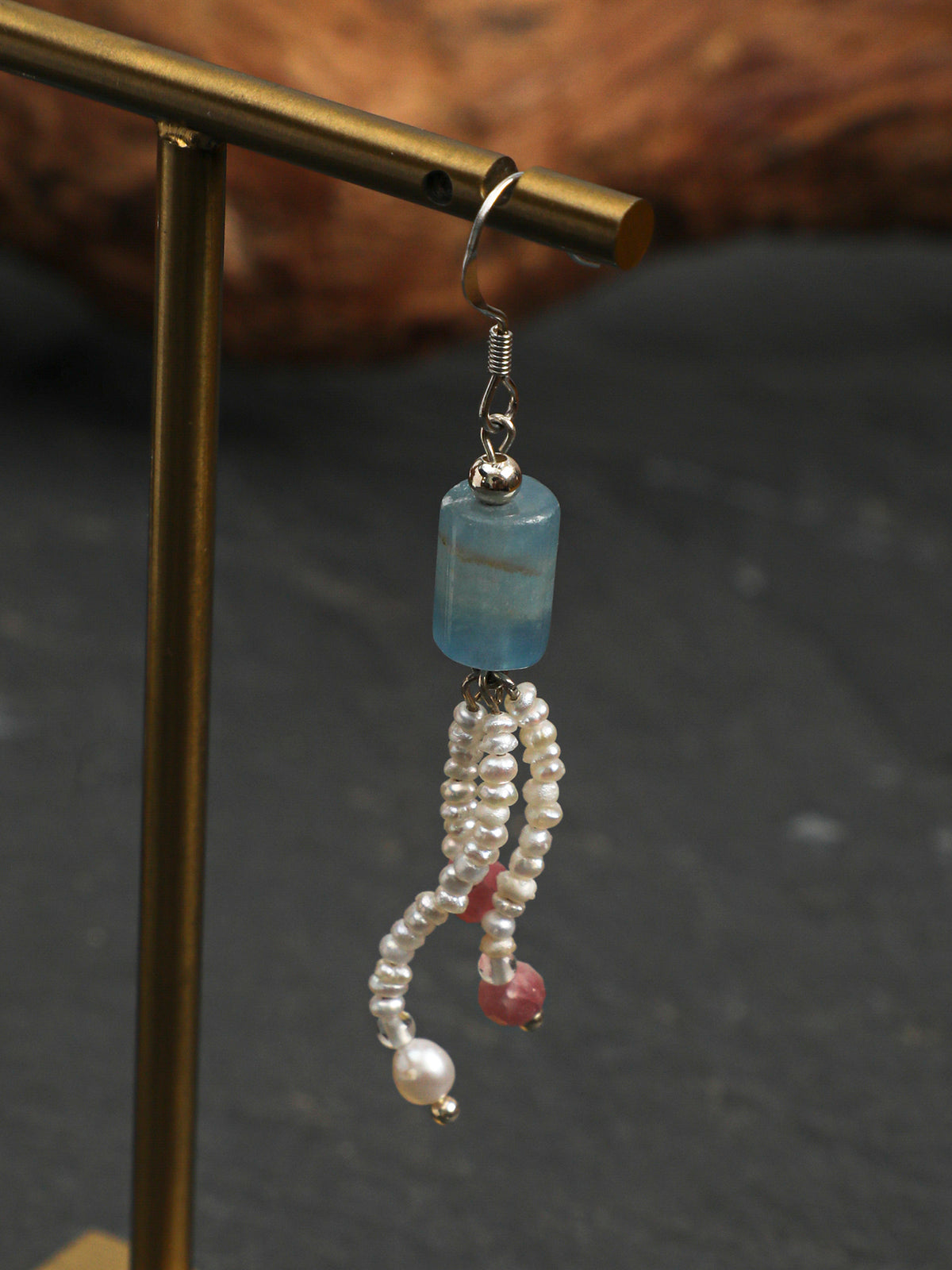 Blue Tassel Pearl Earrings — blue luster barrel bead, faceted plum-blossom tourmaline, flat pearl | SENLORE