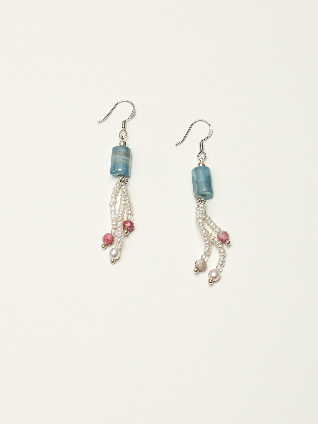 Blue Tassel Pearl Earrings — blue luster barrel bead, faceted plum-blossom tourmaline, flat pearl | SENLORE