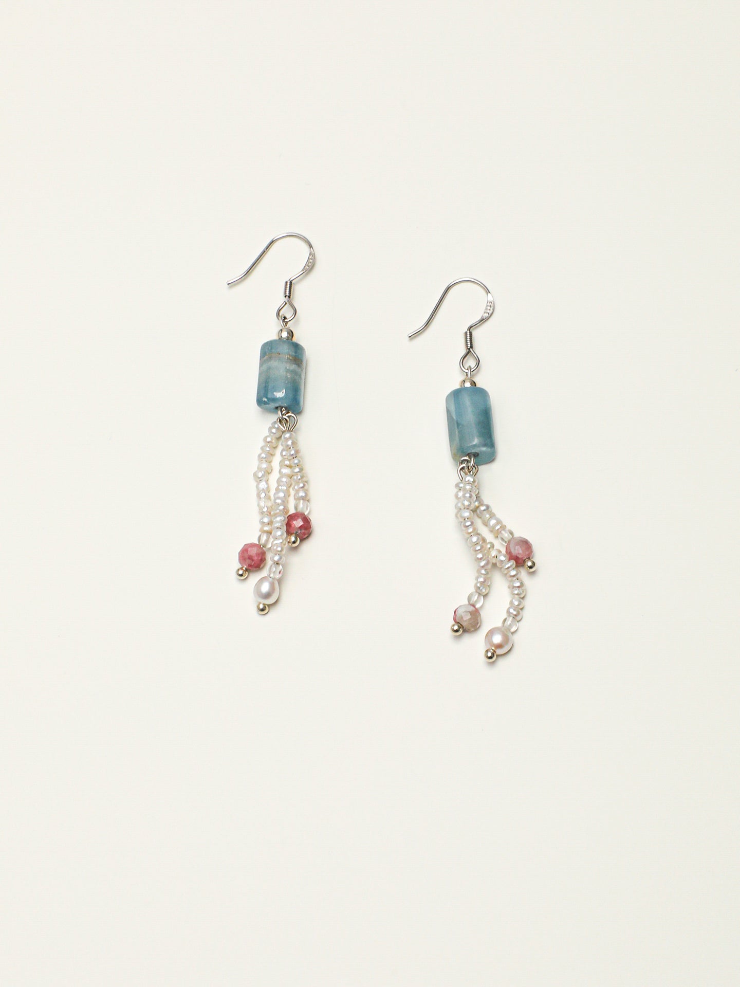 Blue Tassel Pearl Earrings — blue luster barrel bead, faceted plum-blossom tourmaline, flat pearl | SENLORE