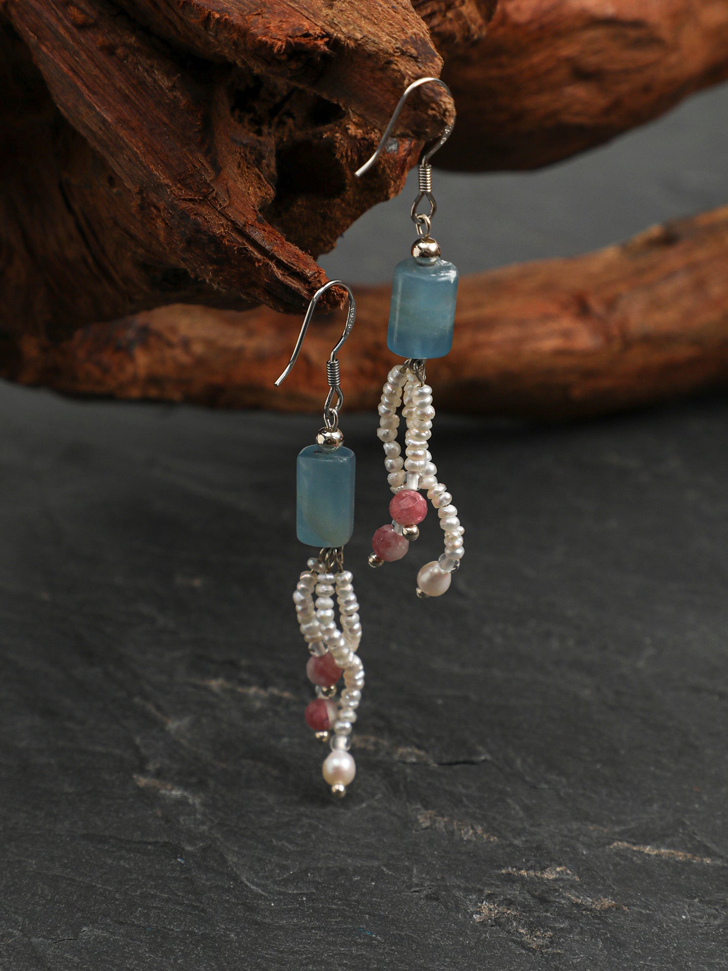 Blue Tassel Pearl Earrings — blue luster barrel bead, faceted plum-blossom tourmaline, flat pearl | SENLORE