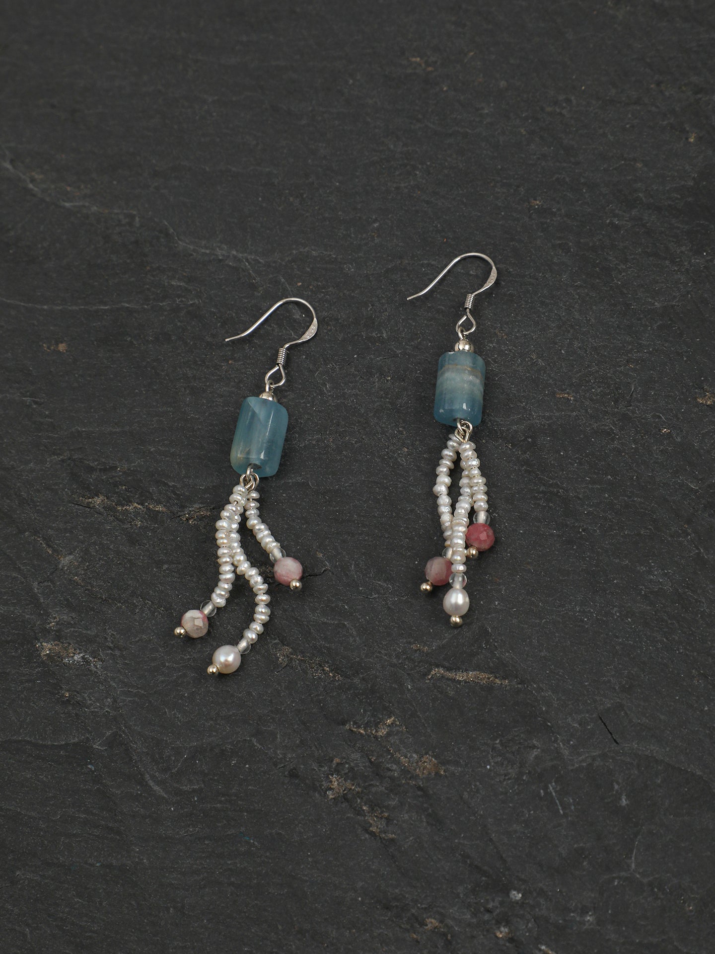 Blue Tassel Pearl Earrings — blue luster barrel bead, faceted plum-blossom tourmaline, flat pearl | SENLORE
