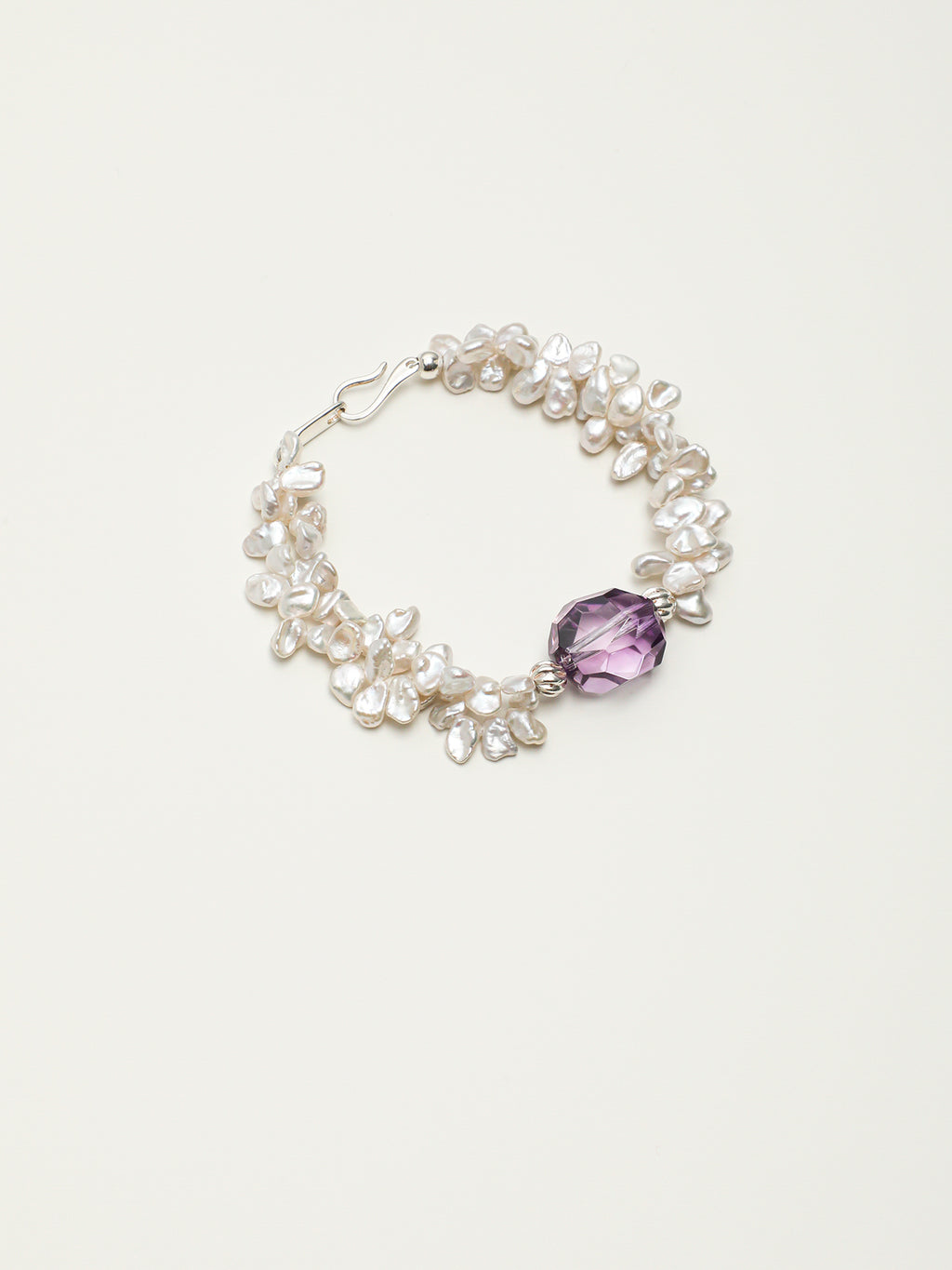 Petal Baroque Amethyst Bracelet — straight-drilled freeform amethyst, petal baroque pearl, large-hole sterling silver round bead | SENLORE