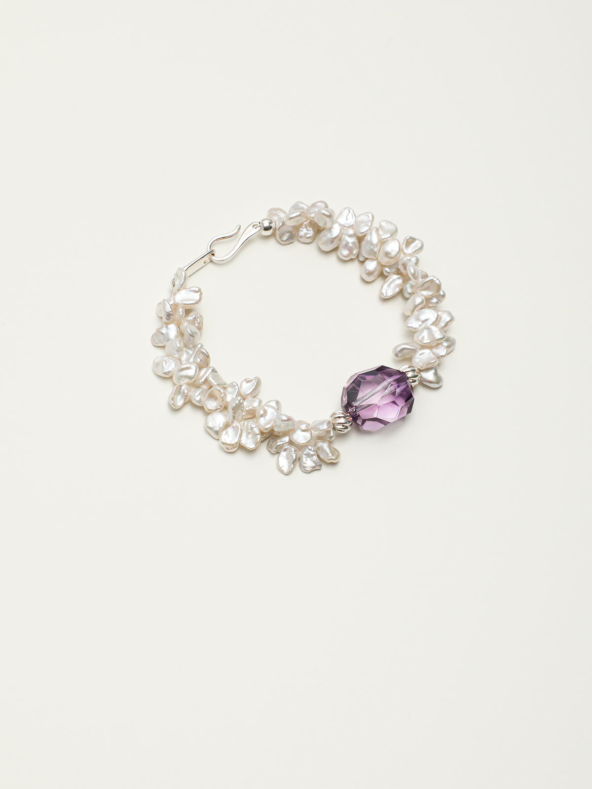 Petal Baroque Amethyst Bracelet — straight-drilled freeform amethyst, petal baroque pearl, large-hole sterling silver round bead | SENLORE