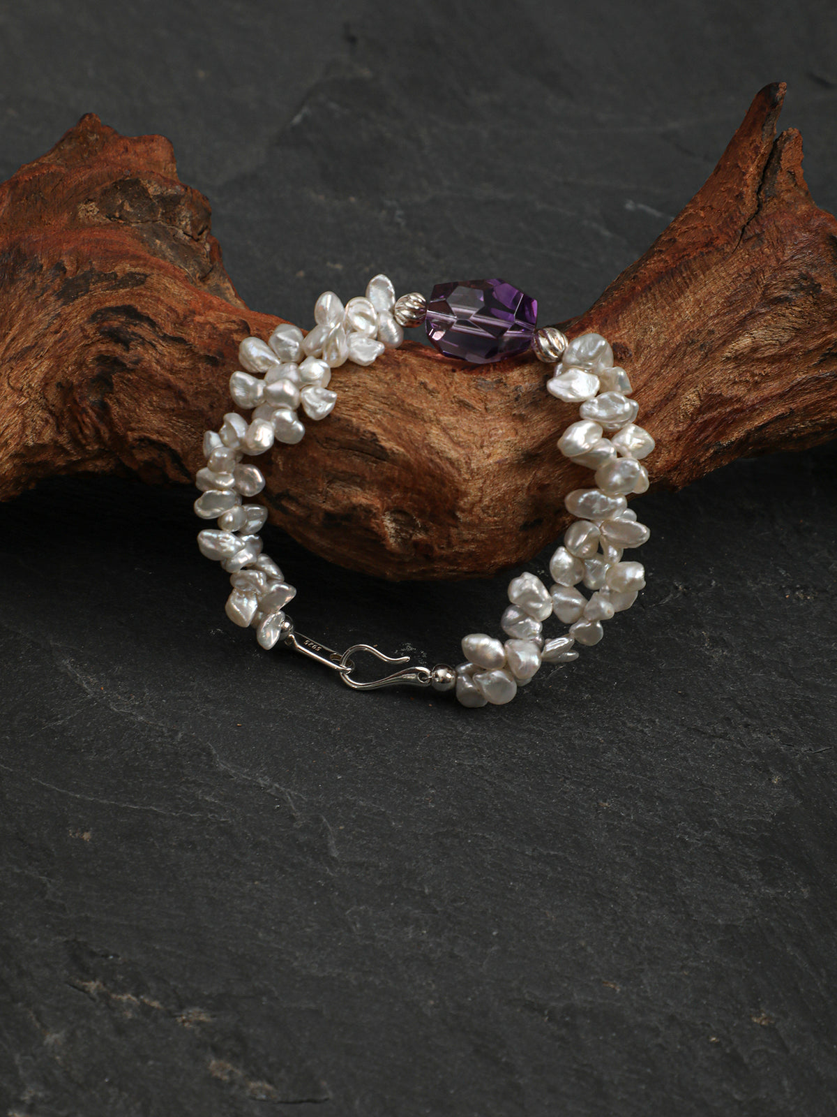 Petal Baroque Amethyst Bracelet — straight-drilled freeform amethyst, petal baroque pearl, large-hole sterling silver round bead | SENLORE