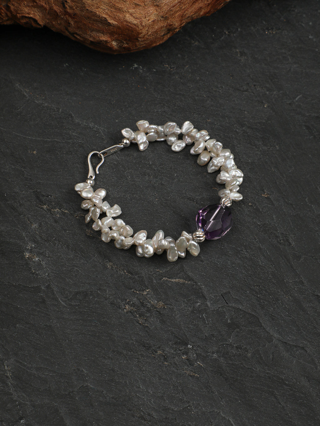 Petal Baroque Amethyst Bracelet — straight-drilled freeform amethyst, petal baroque pearl, large-hole sterling silver round bead | SENLORE