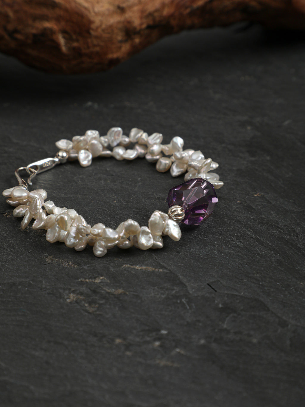 Petal Baroque Amethyst Bracelet — straight-drilled freeform amethyst, petal baroque pearl, large-hole sterling silver round bead | SENLORE