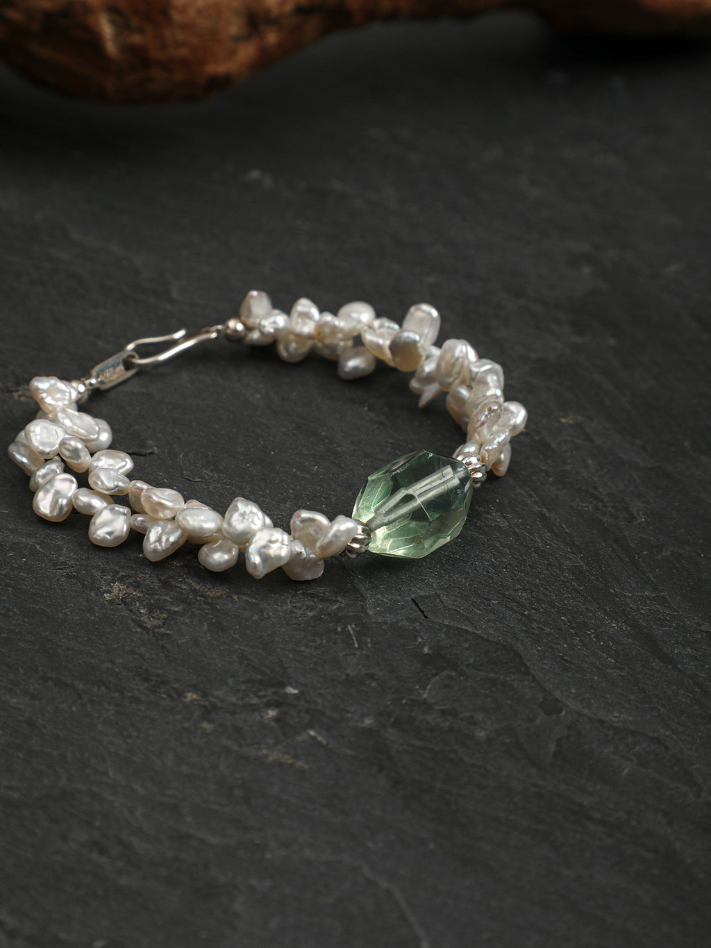 Flower Fairy Pearl Crystal Bracelet — green crystal & petal baroque pearl & S925 Sterling Silver | SENLORE
