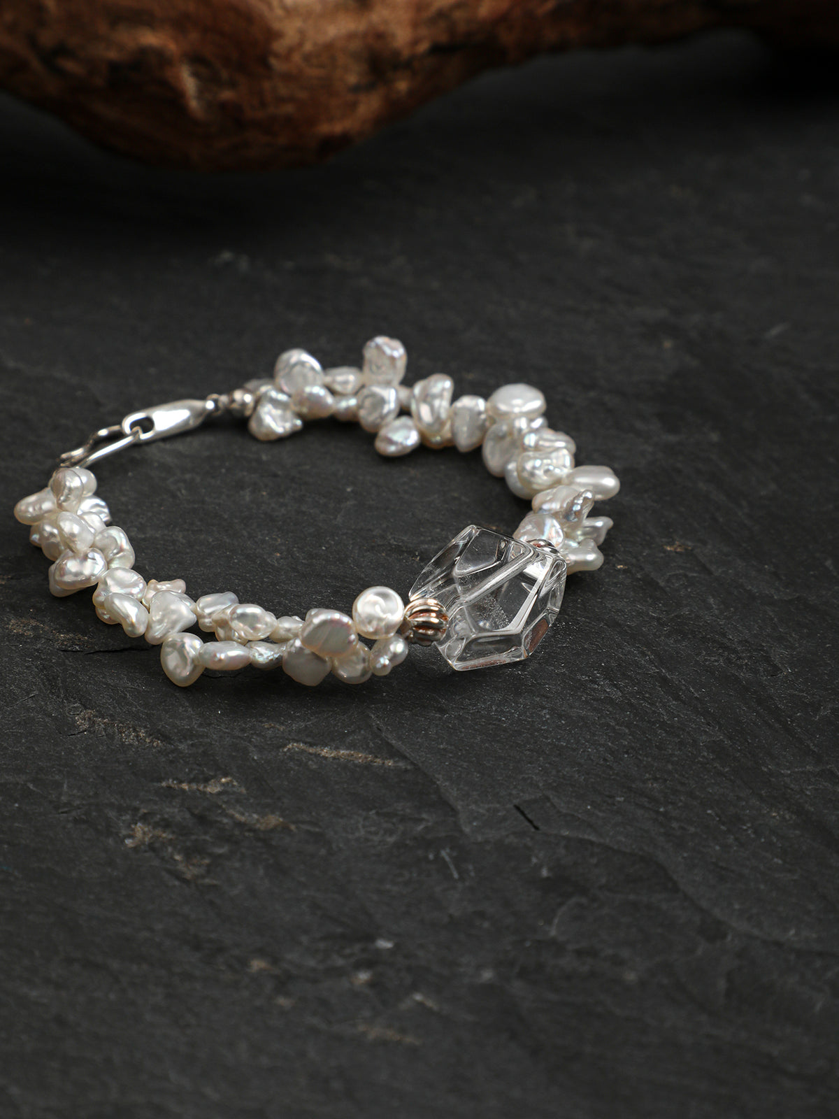 Petal Baroque Clear Quartz Bracelet — freeform double-point clear quartz, petal baroque pearl, large-hole sterling silver round bead | SENLORE