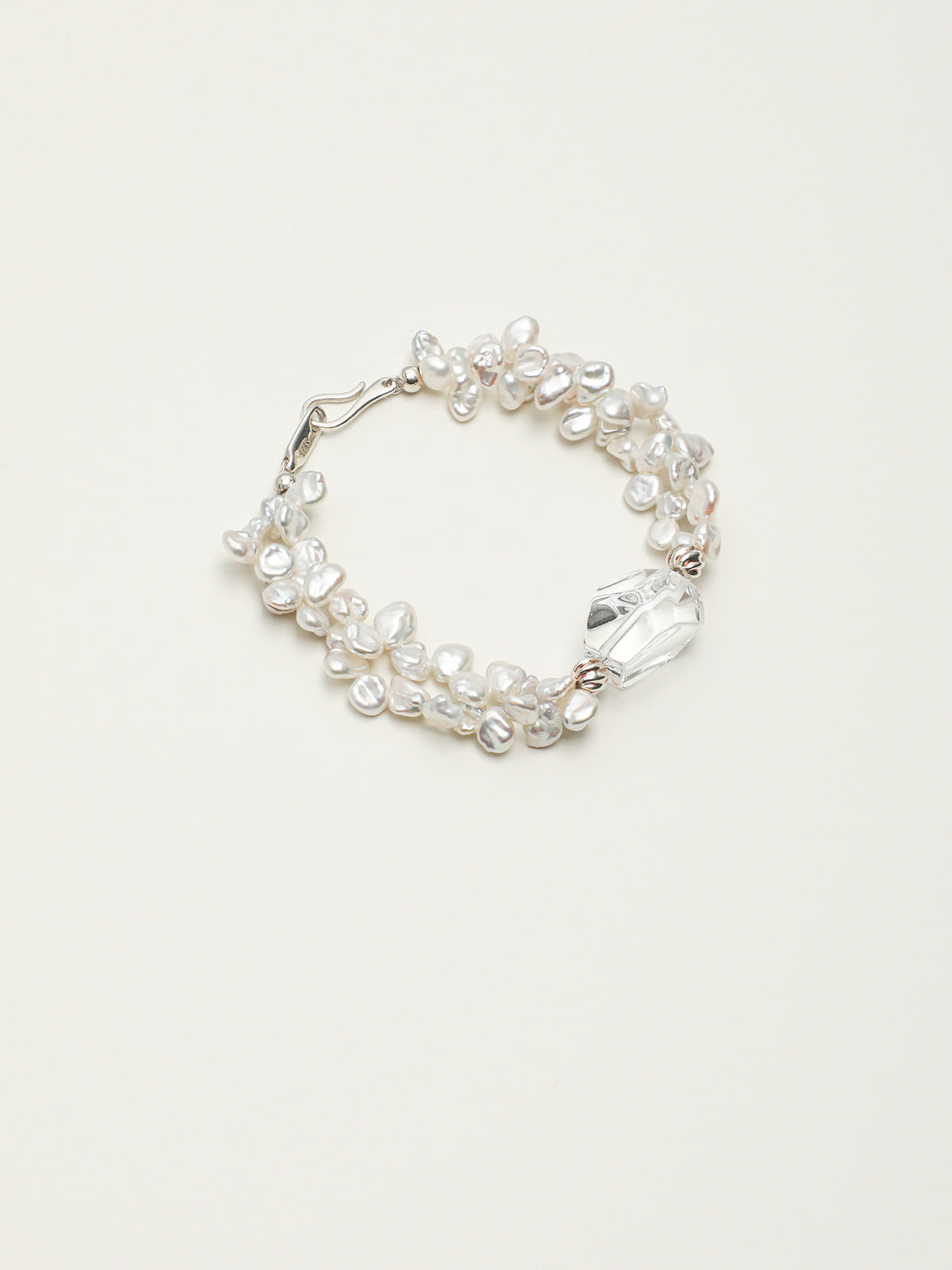 Petal Baroque Clear Quartz Bracelet — freeform double-point clear quartz, petal baroque pearl, large-hole sterling silver round bead | SENLORE