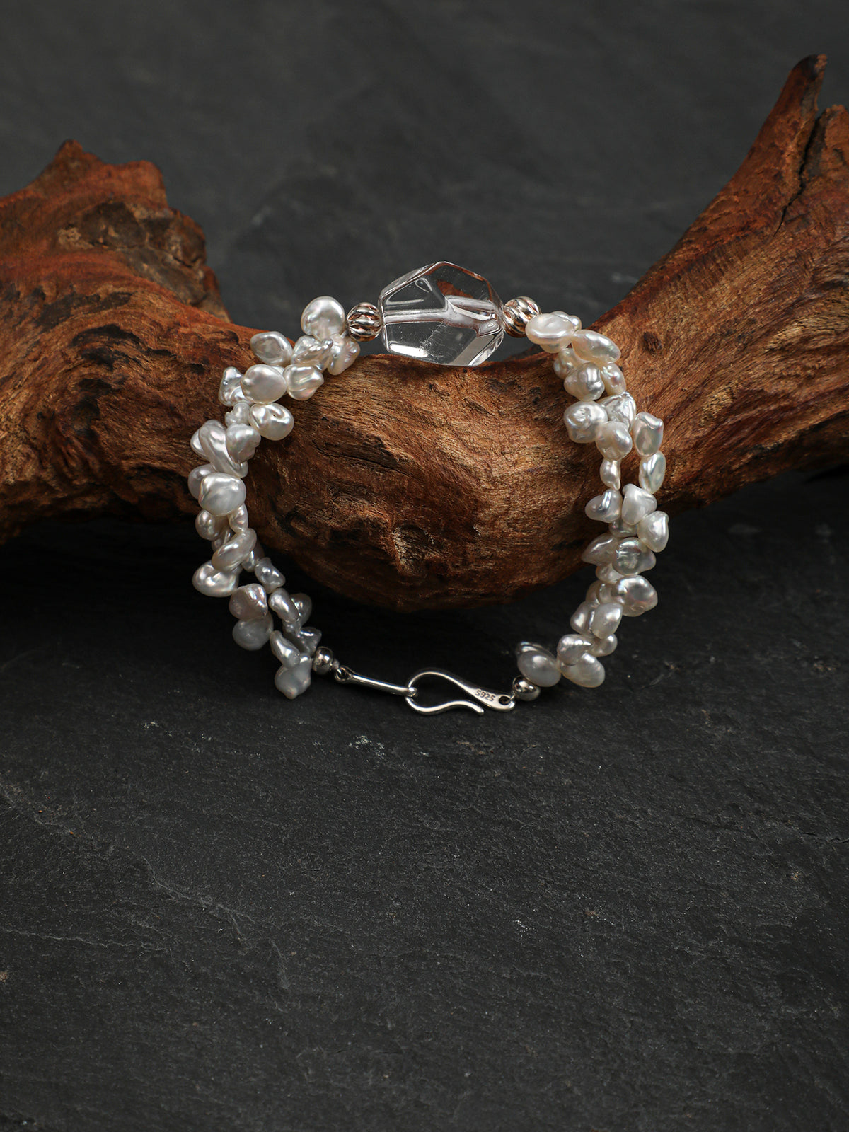 Petal Baroque Clear Quartz Bracelet — freeform double-point clear quartz, petal baroque pearl, large-hole sterling silver round bead | SENLORE