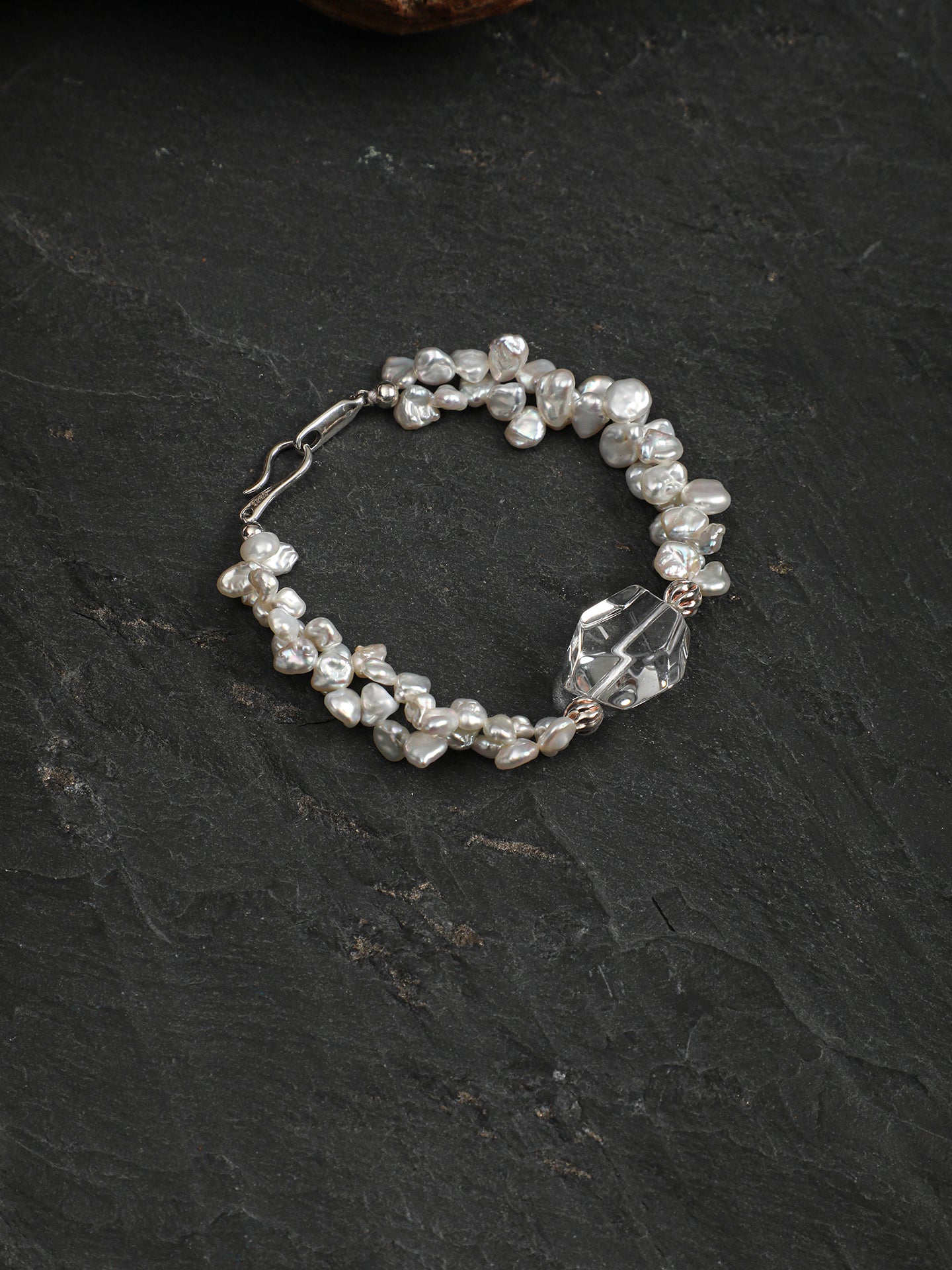 Petal Baroque Clear Quartz Bracelet — freeform double-point clear quartz, petal baroque pearl, large-hole sterling silver round bead | SENLORE