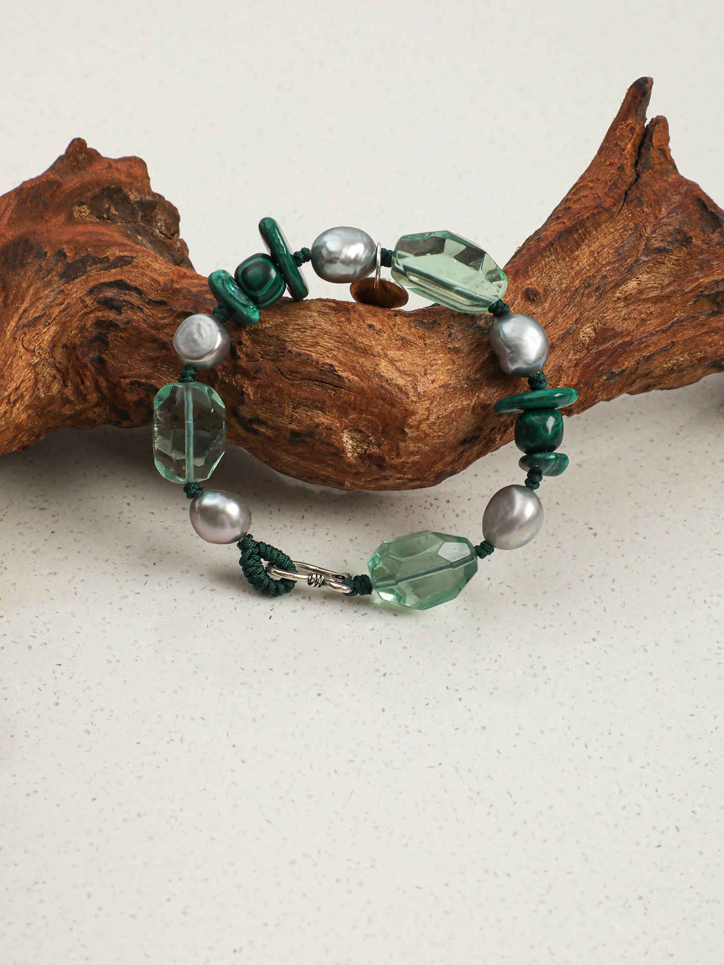 Green Forest Crystal Bracelet — freeform green crystal, malachite rice pearls, malachite chips | SENLORE