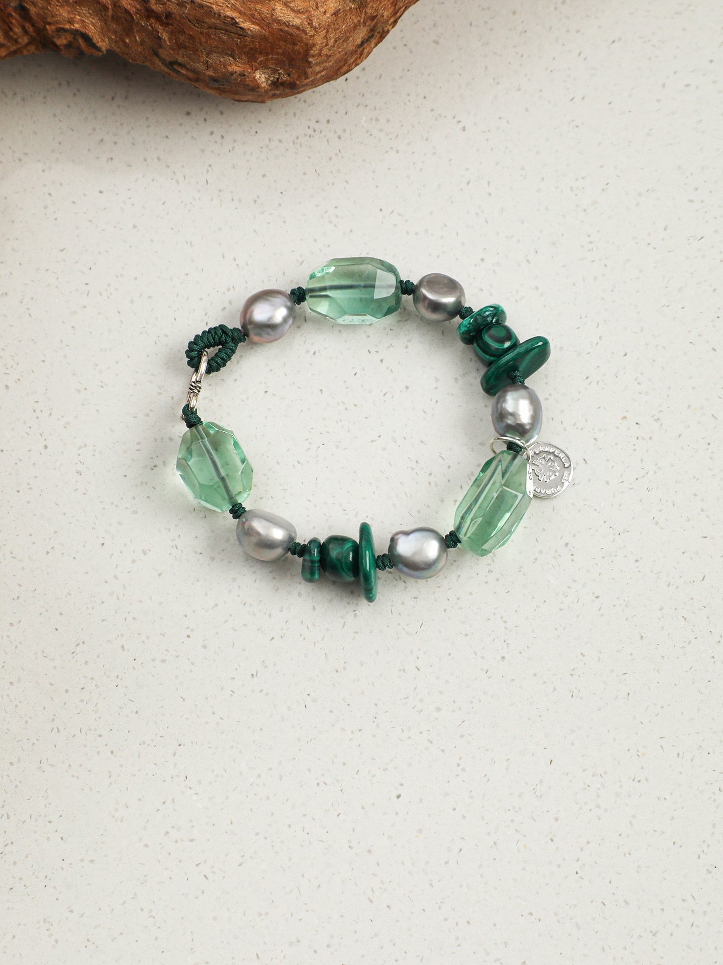 Green Forest Crystal Bracelet — freeform green crystal, malachite rice pearls, malachite chips | SENLORE