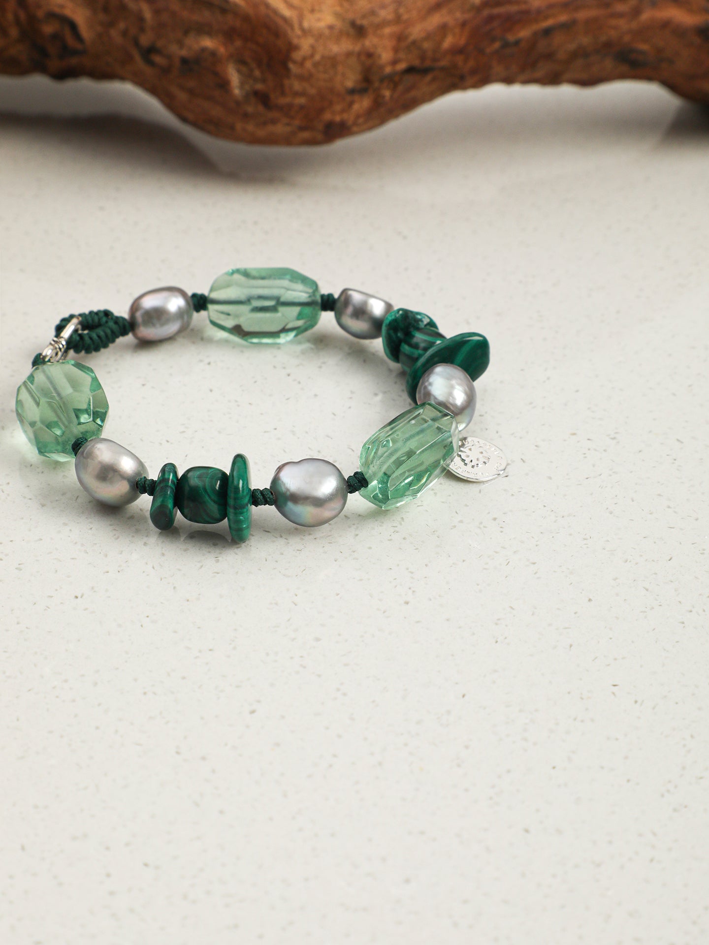 Green Forest Crystal Bracelet — freeform green crystal, malachite rice pearls, malachite chips | SENLORE