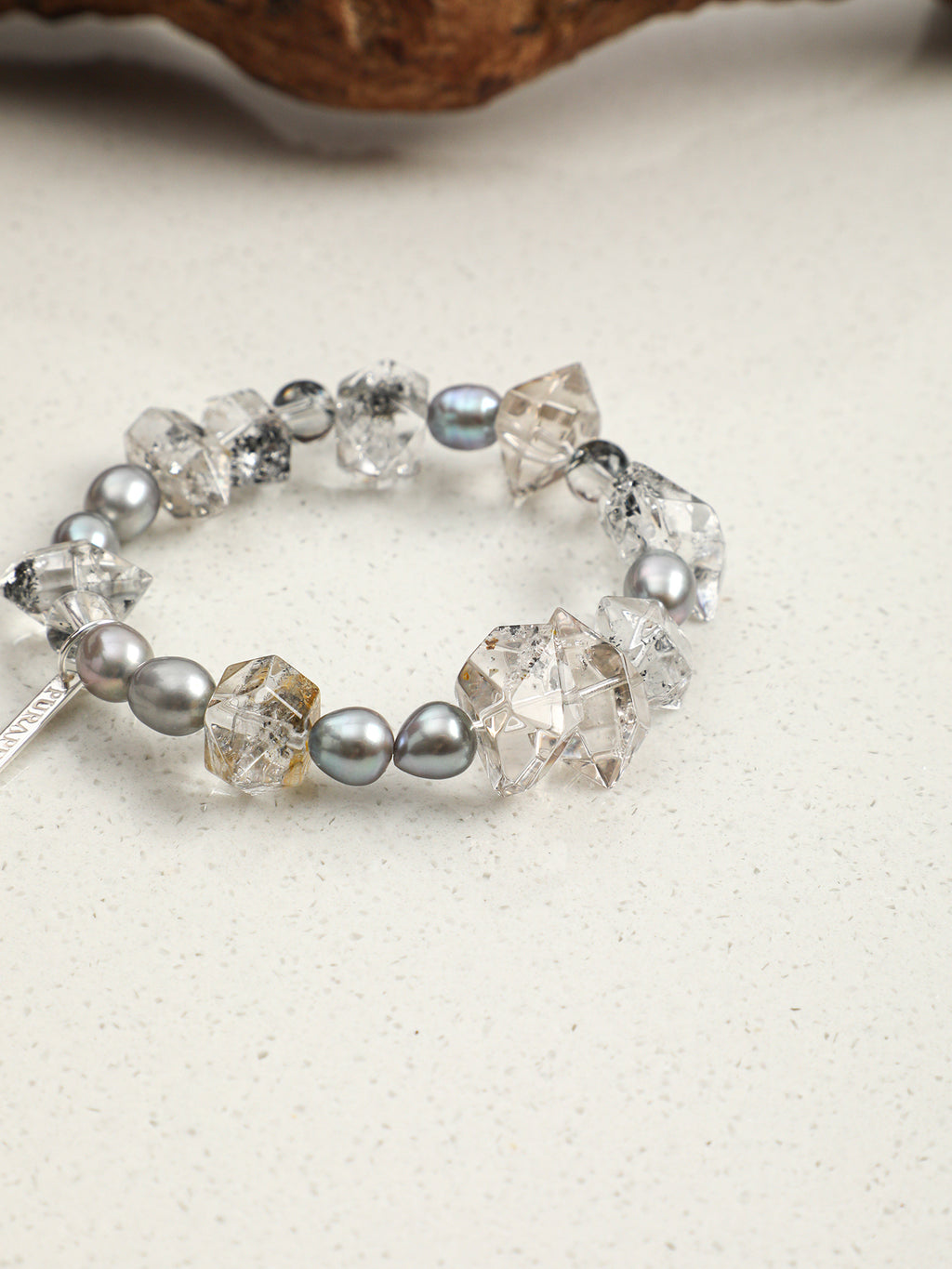 Black Crystal & Grey Pearl Bracelet — natural grey pearl, black rutilated quartz, smoky qu... | SENLORE