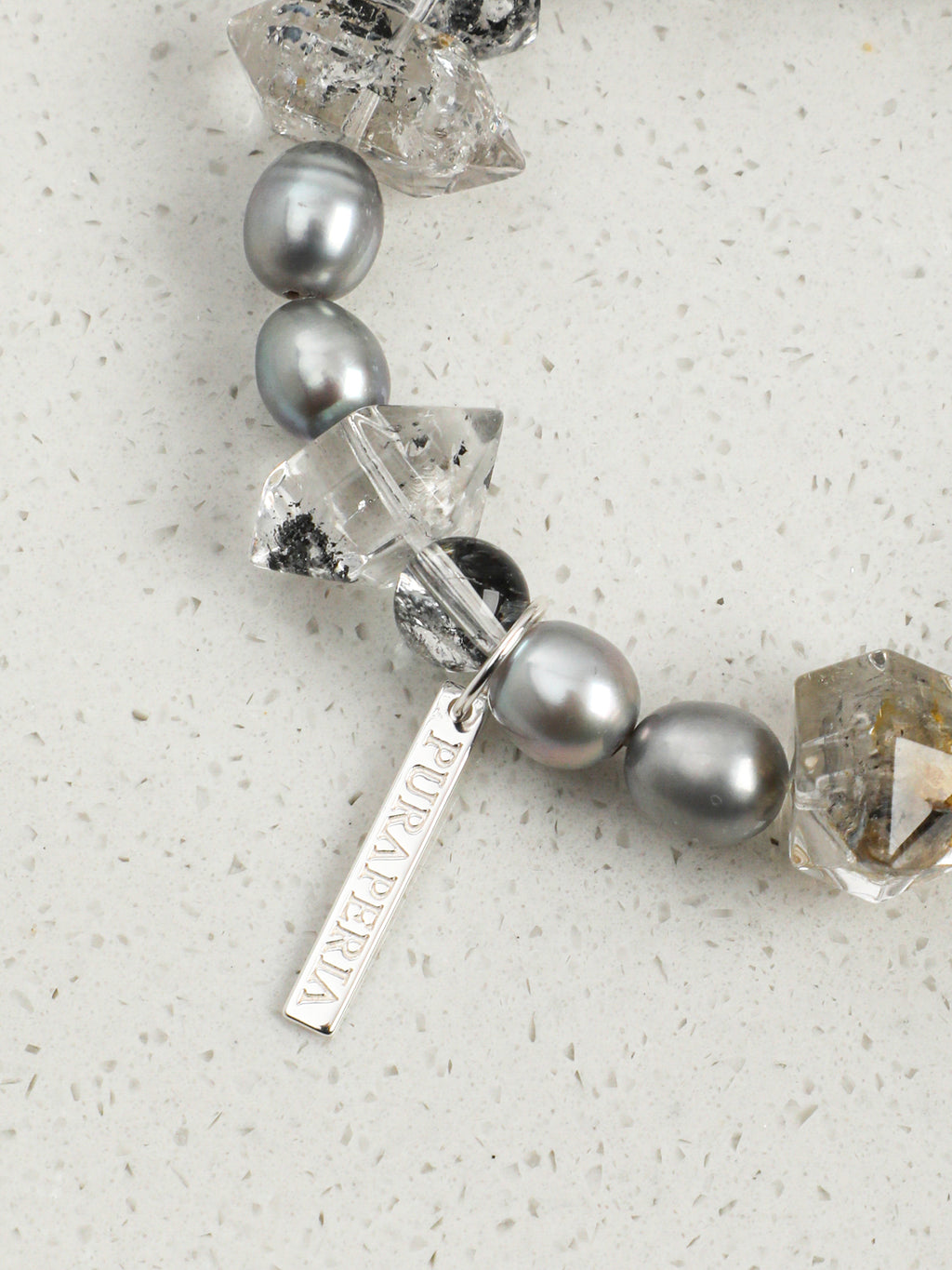 Black Crystal & Grey Pearl Bracelet — natural grey pearl, black rutilated quartz, smoky qu... | SENLORE
