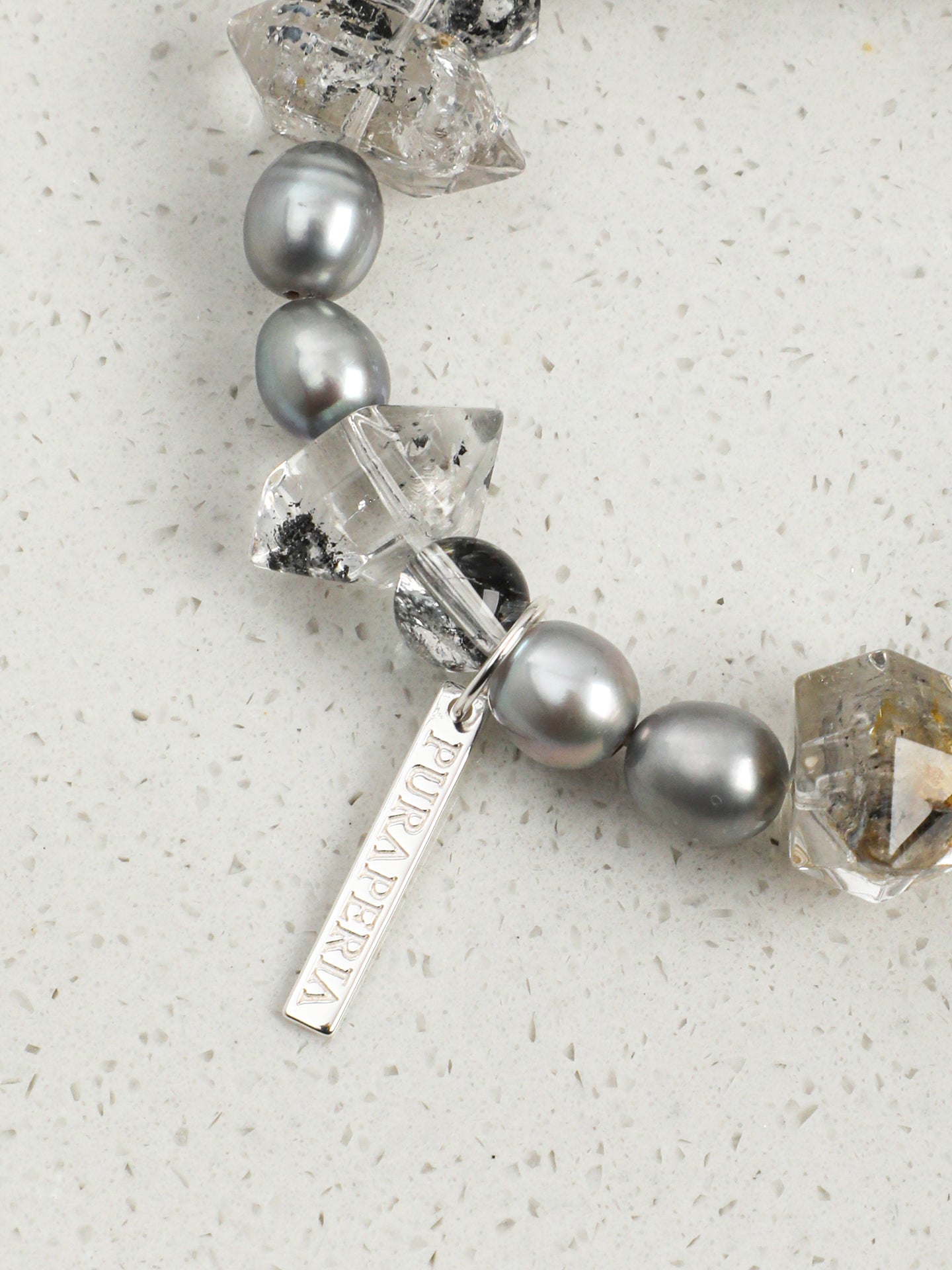 Black Crystal & Grey Pearl Bracelet — natural grey pearl, black rutilated quartz, smoky qu... | SENLORE